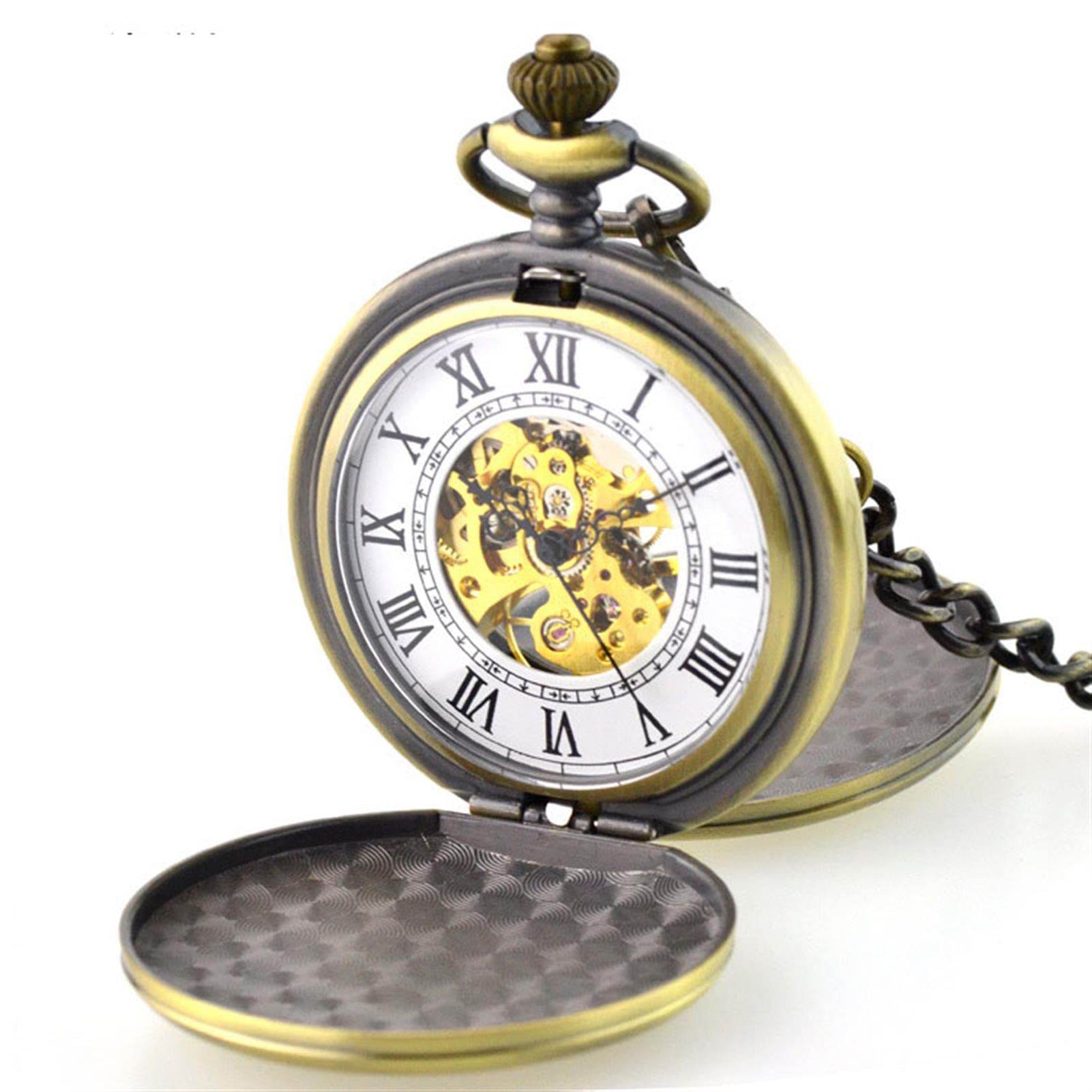 Relojes de Bolsillo, Cadena Fob de 37CM, Acero Liso, mecánico, Vintage, Esfera número Romano, Colgante, Reloj, Regalos