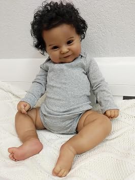 20 Inches Real Baby Size Sweet Smiling Rooted Curly Hair Lifelike African American Reborn Baby Doll Realistic Newborn Soft Cloth Body Dolls in Dark Brown Skin