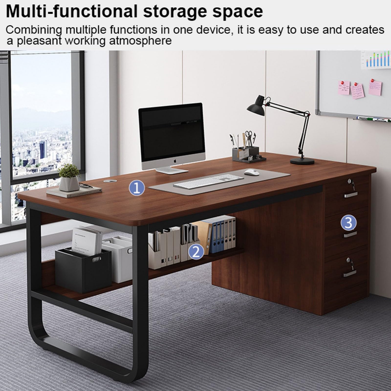 Scrivania Ufficio con 3 Cassetti con Serratura,Scrivania per Computer Moderna e Funzionale con Ripiano Inferiore Portaoggetti,Foro Passacavi e Struttura Metallica,per Casa e Studio C,140CM