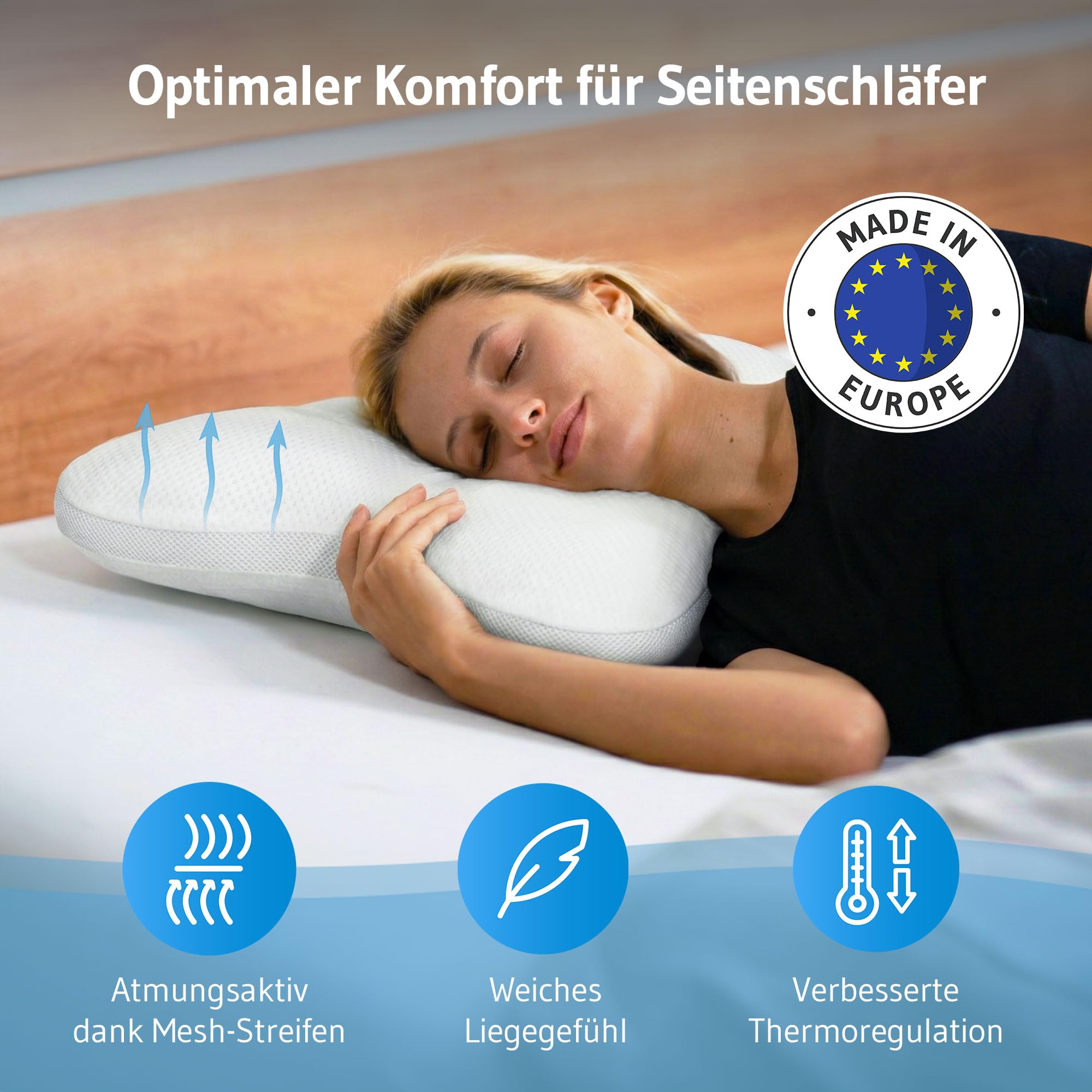 Third of Life Almohada Mariposa Ajustable en Altura para Dormir de Lado, cómoda y ergonómica, con Relleno Suave de Fibras Huecas y Tejido Transpirable con Mesh, fácil de Lavar, Hecha en Europa
