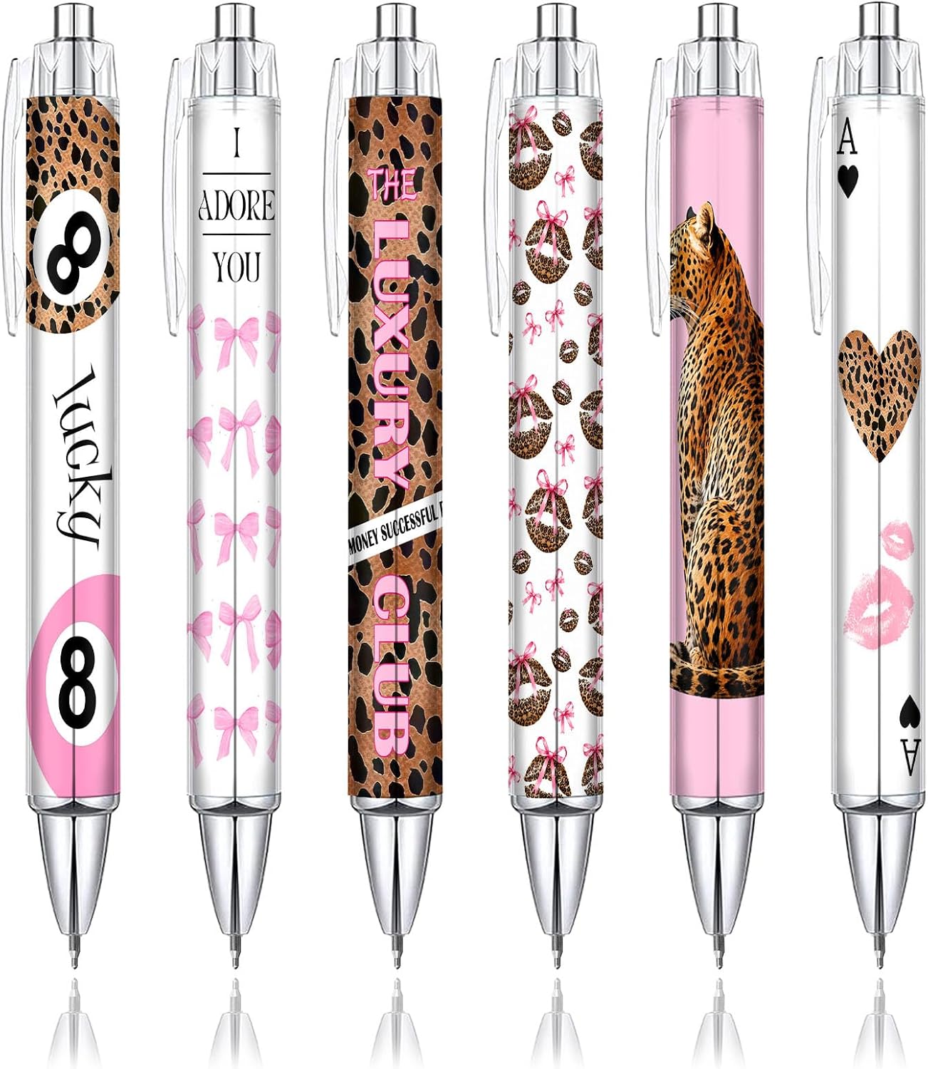 6 Pcs Chic Leopard & Pink Bow Ballpoint Pen Set – Trendy Office, Study & Gift Pens for Women, Teens, Students – Birthday, Graduation & Teacher Appreciation Gifts