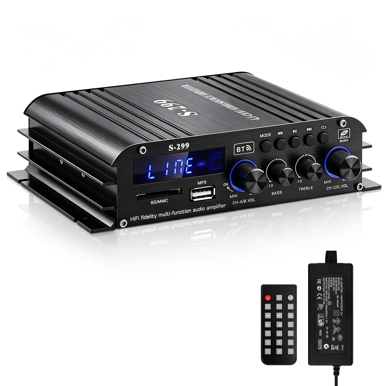 Audio Amplifier Receiver for Home Speakers, S-299 Bluetooth 5.0 Power Amplifier 4.1 Channel RMS 40Wx4 Subwoofer AMP DC 12V/5A Mini Integrated Amplifier with USB/SD & AUX Jack-image-24