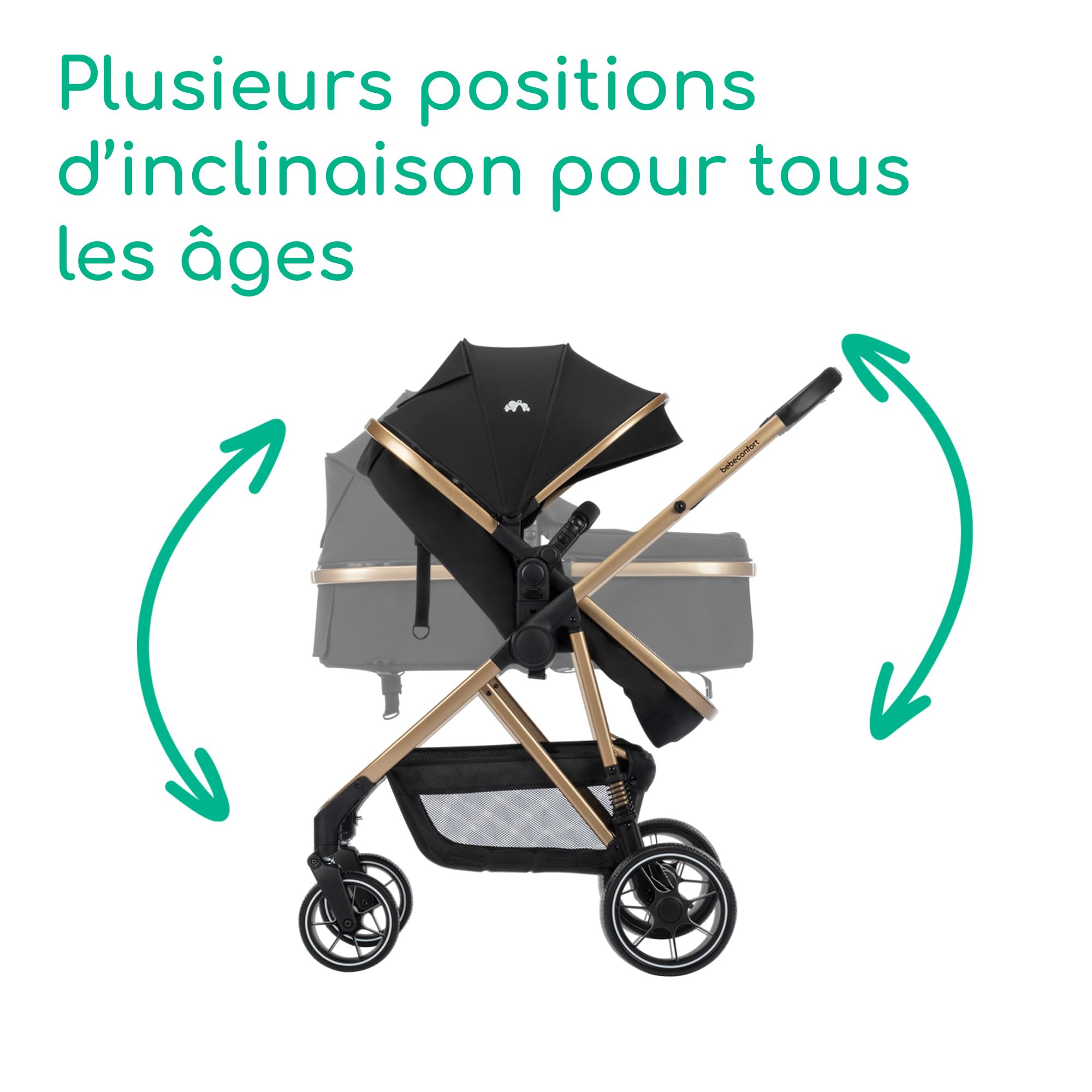 Bebeconfort Zaria Trio, Poussette Trio avec Accessoires, 0-22 kg, Noir/Or | Poussette 3 en 1 avec Siège Auto Bébé, Siège Réversible et Inclinable 2-en-1, Suspension aux 4 Roues, Panier 5 kg