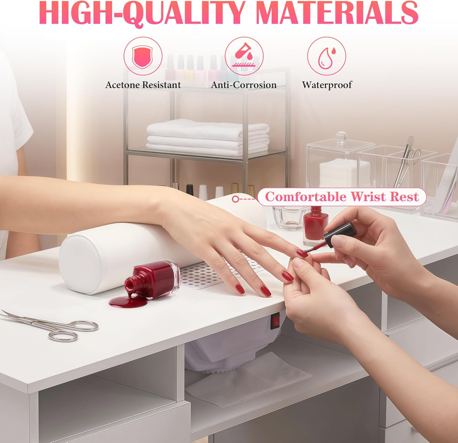 Manicure Table Nail Desk with Storage, Professional Nail Tech Desk,with Upholstered Leather Cabinets, Crystal Tufted Modern Nail Salon Desk Table for Beauty Studio
