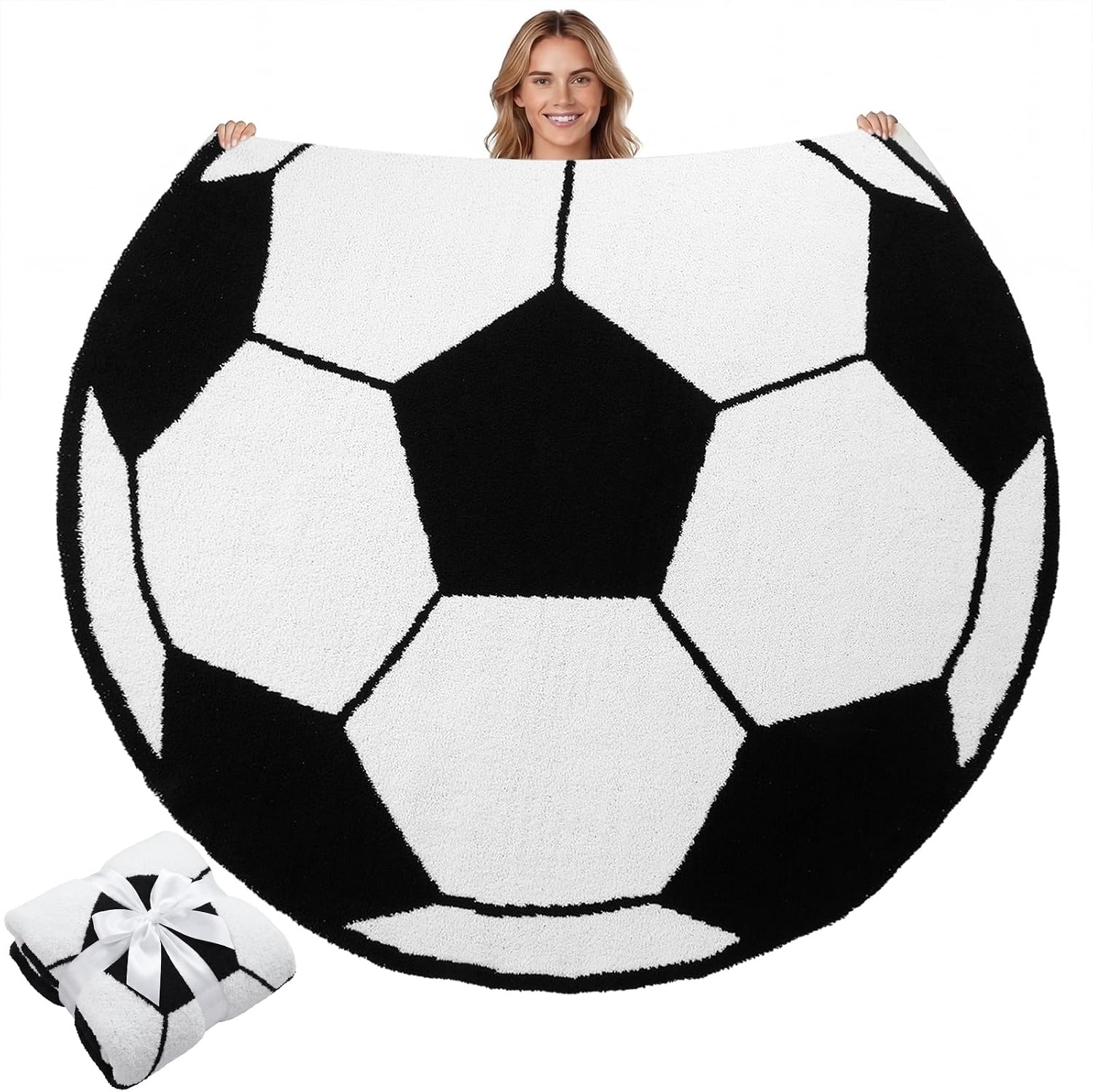 Batiyeer 60 Inch Round Soccer Throw Blanket, Reversible Knitted Microfiber Soccer Throw Gift for Teens Adults, Double Sided Soft Warm Sports Theme Blanket for Couch Sofa Game Room Decor