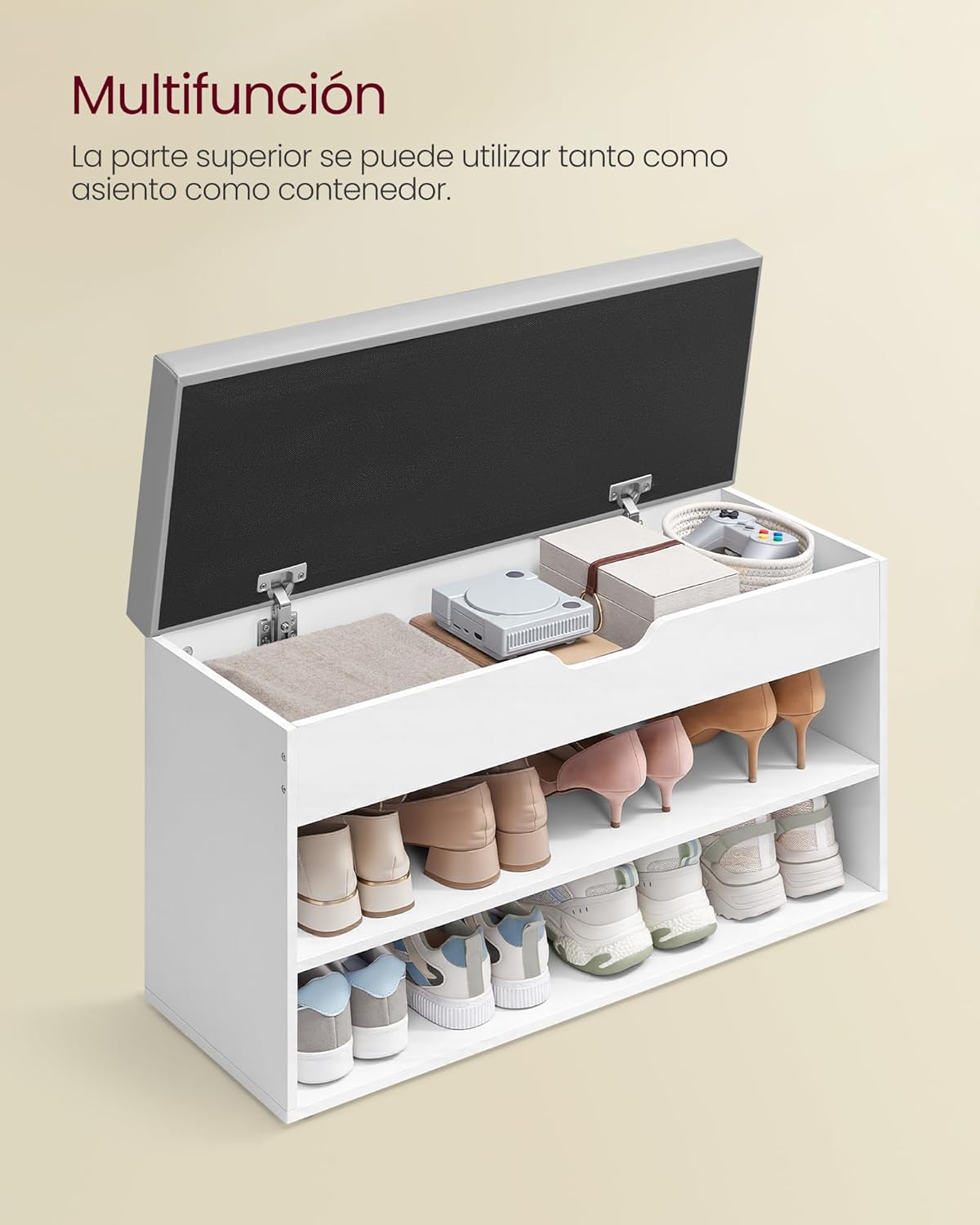 VASAGLE shoe bench with the lid open, revealing internal storage and items