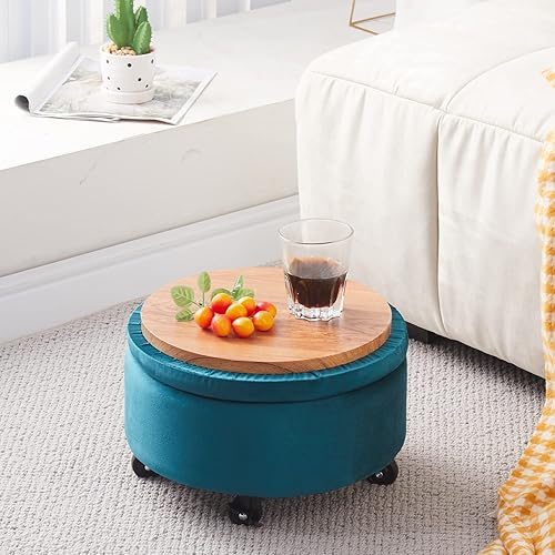 Miniatura 4 de Mxfurhawa Taburete otomano de terciopelo con ruedas redondas con ruedas de 360, reposapiés, silla de centro baja, reposapiés, cambiador de zapatos