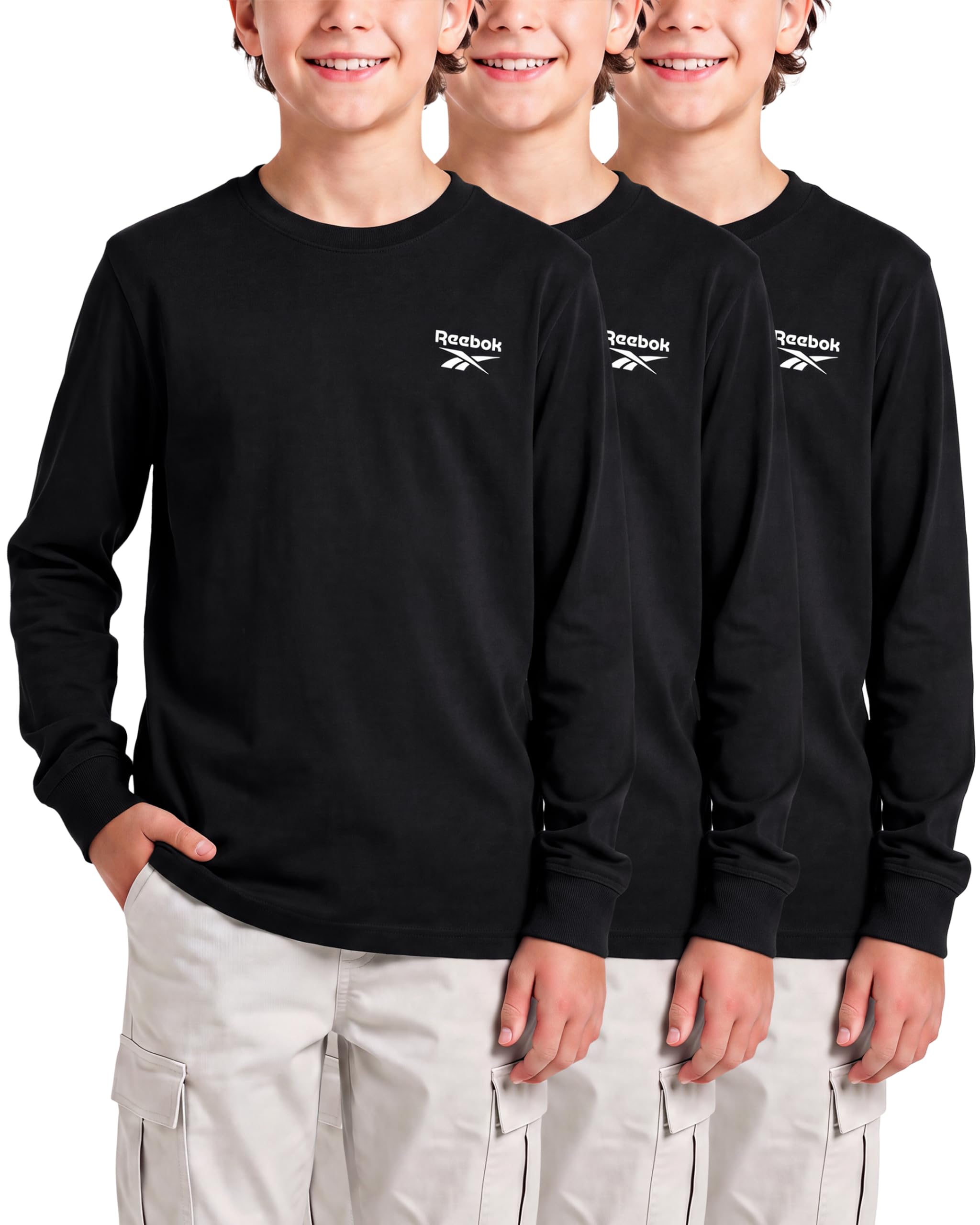Reebok 3 Pack Boys Long Sleeve Athletic Shirts Tshirts Tees Cotton Kids Youth Teen