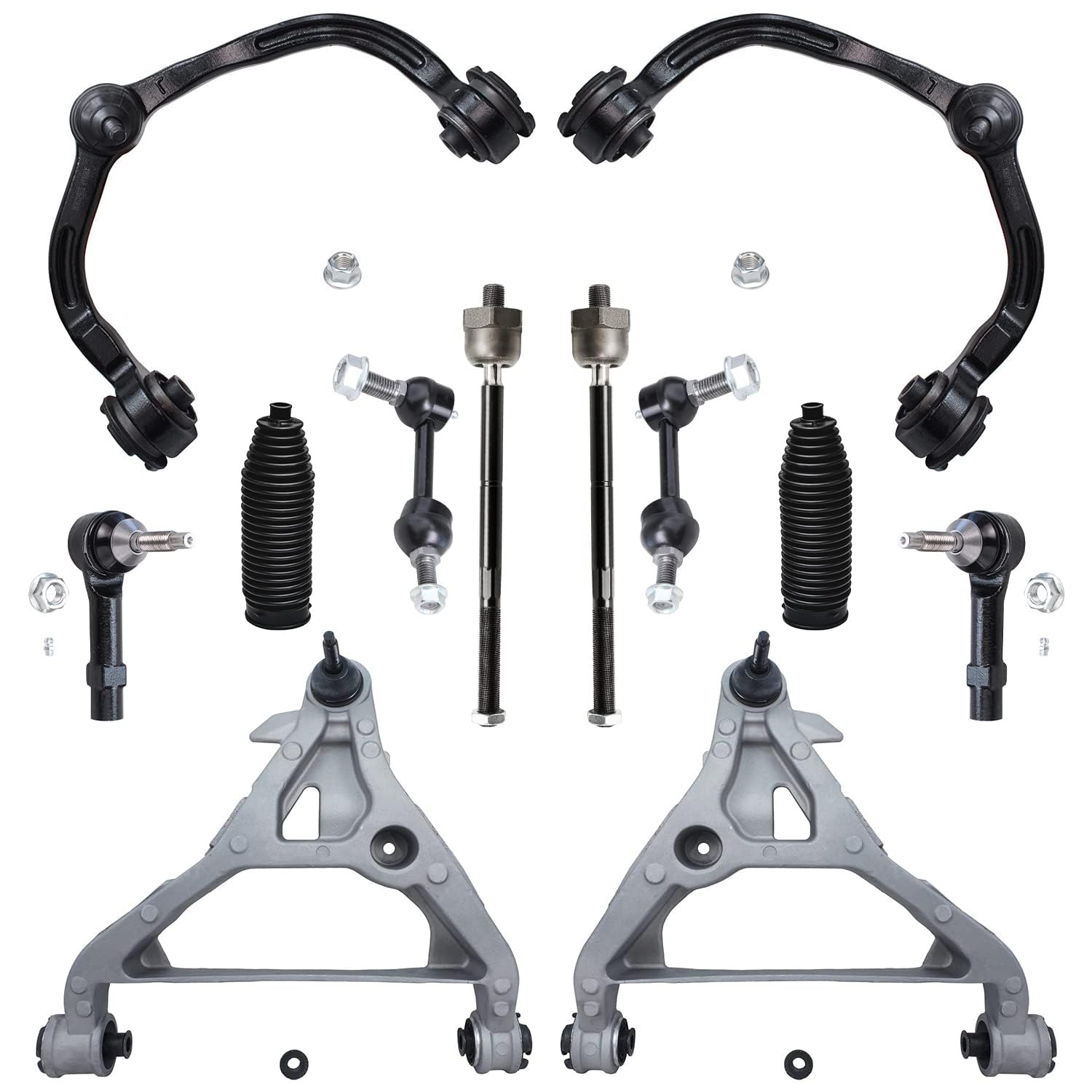 Detroitaxle - Front Upper Lower Control Arms + Inner Outer Tie Rods + Sway