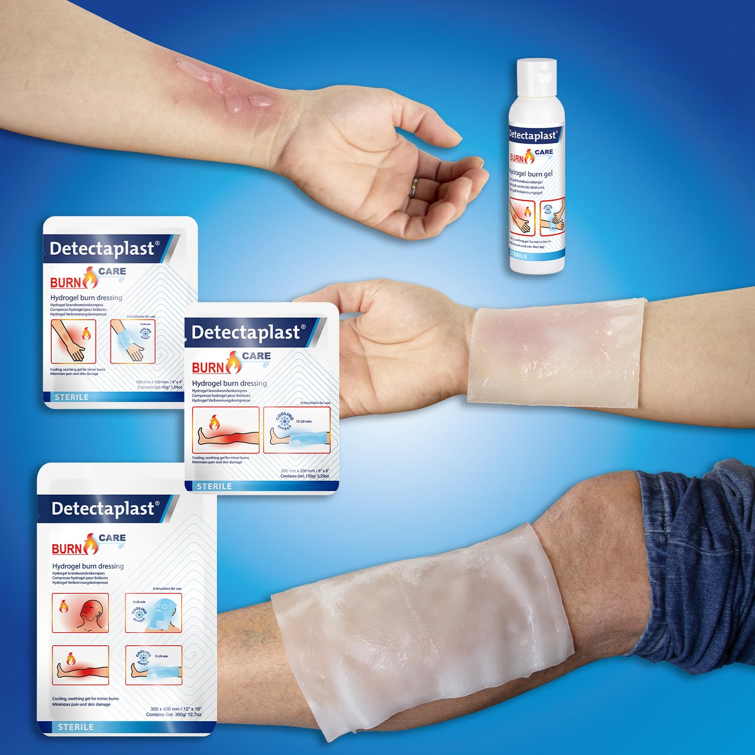 Detectaplast Kit de quemaduras con compresas para quemaduras, gel para heridas, vendajes, guantes, compresas estériles de hidrogel y ungüento para quemaduras – Set de quemaduras