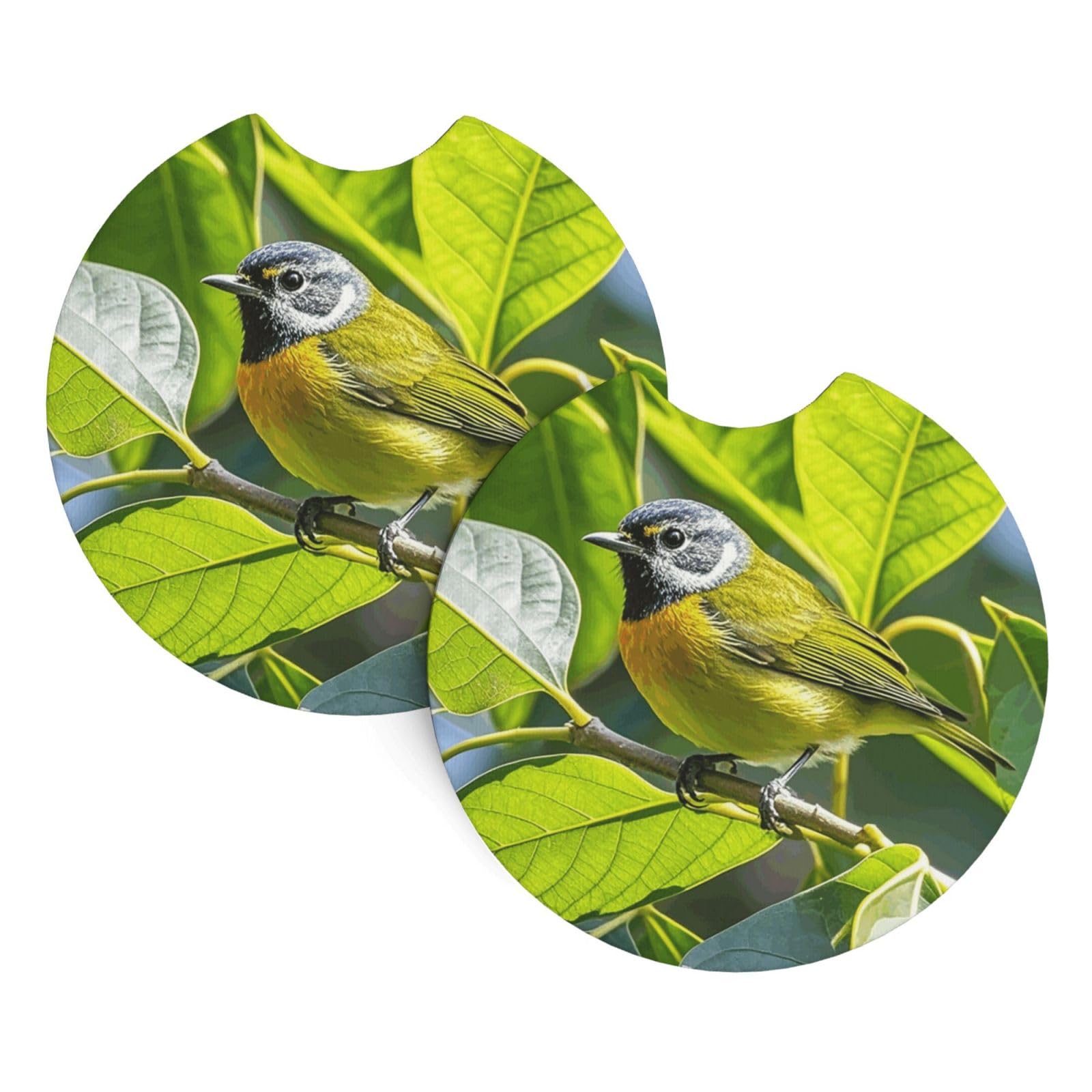 2 Pack Car Coaster for Cup Holders Green Leaves and Birds Car Cup Coaster 2.7" Neoprene Non-Slip Automotive Cup Mat Universal Auto Car Interior Accessories for Women Men Cup Pad