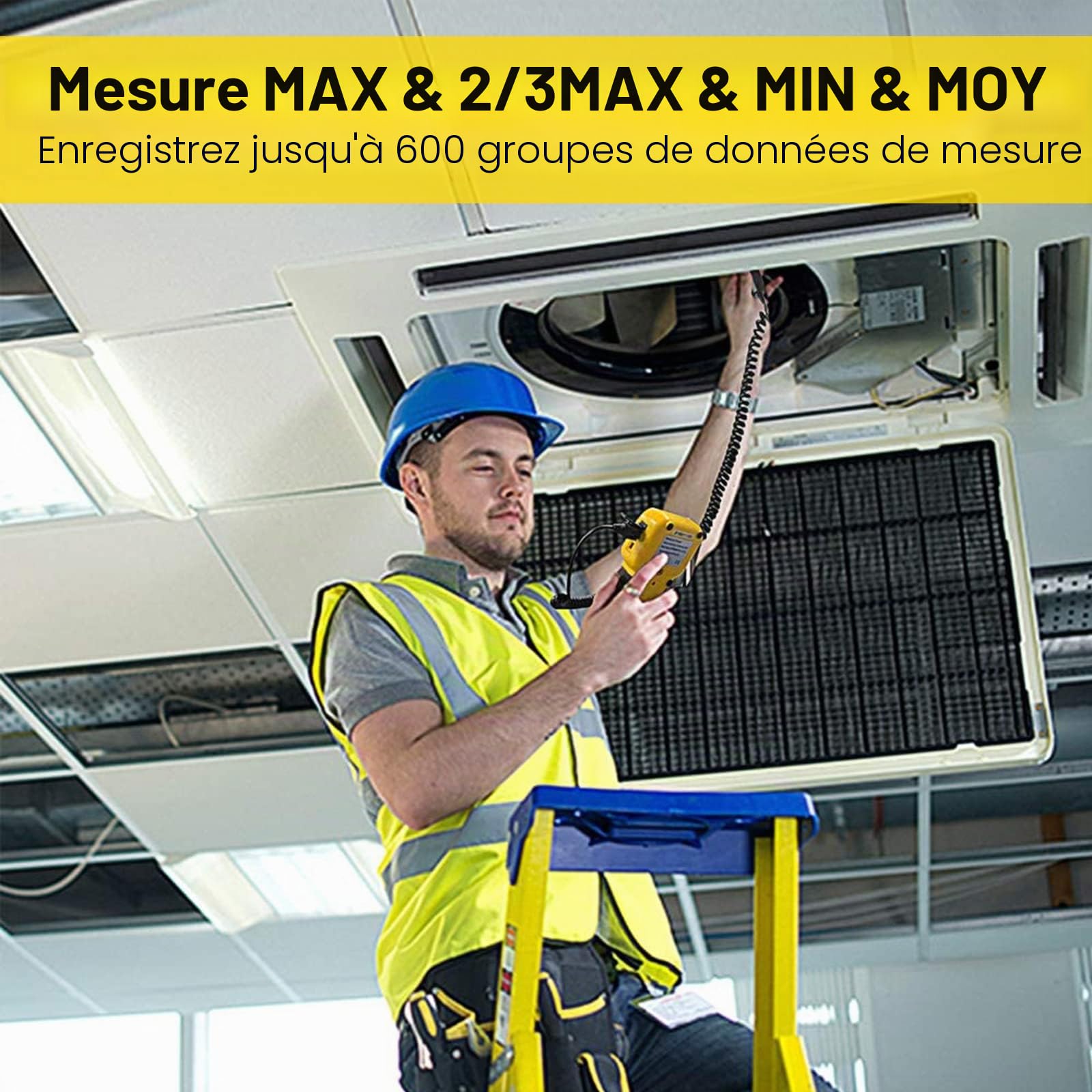 Kethvoz Anémomètre VMC Debimetre, Anemometre Mesure Débit Air Volume CFM Tester Vitesse du Vent Température pour Système AC, Mesureur vitesse l'air industriel avec MAX MIN AVG Stockage Données