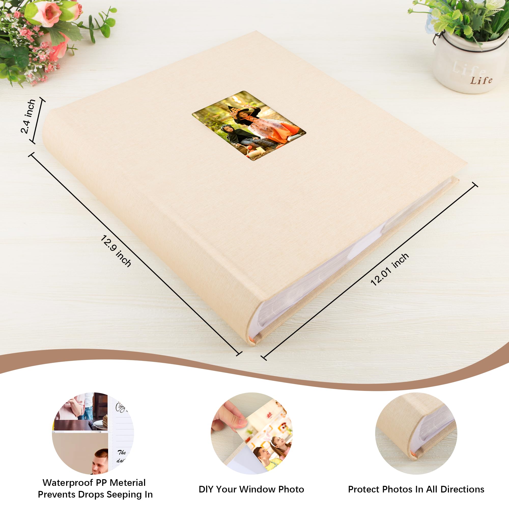 Album photo de 10 x 15 cm avec espace d'écriture, couverture en lin avec fenêtre sur le devant, 600 photos de 10 x 15 cm, album photo pour mariage, enfants, voyage, famille, bébé (beige)