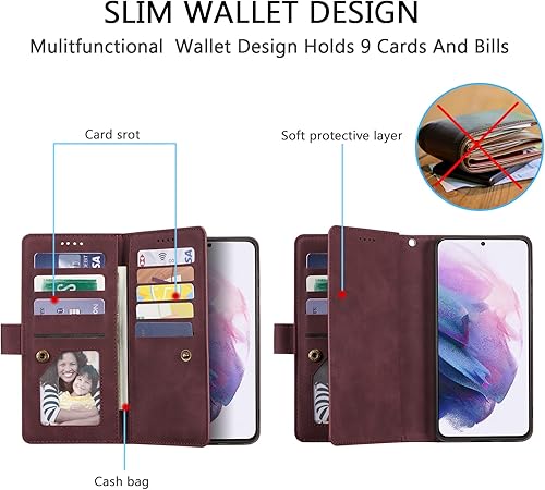 Miniatura 219 de UEEBAI Funda para Samsung Galaxy S21 FE 5G, 9 ranuras para tarjetas, cartera de cuero retro a prueba de golpes, con correa de mano, ranuras