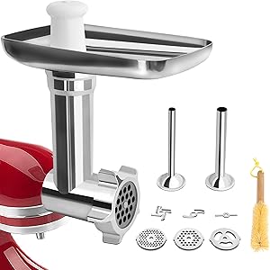 Leixe Metal Food Grinder Attachment for KitchenAid Stand Mixers Includes 2 Sausage Stuffer Tubes,Durable Meat Grinder Attachment for KitchenAid