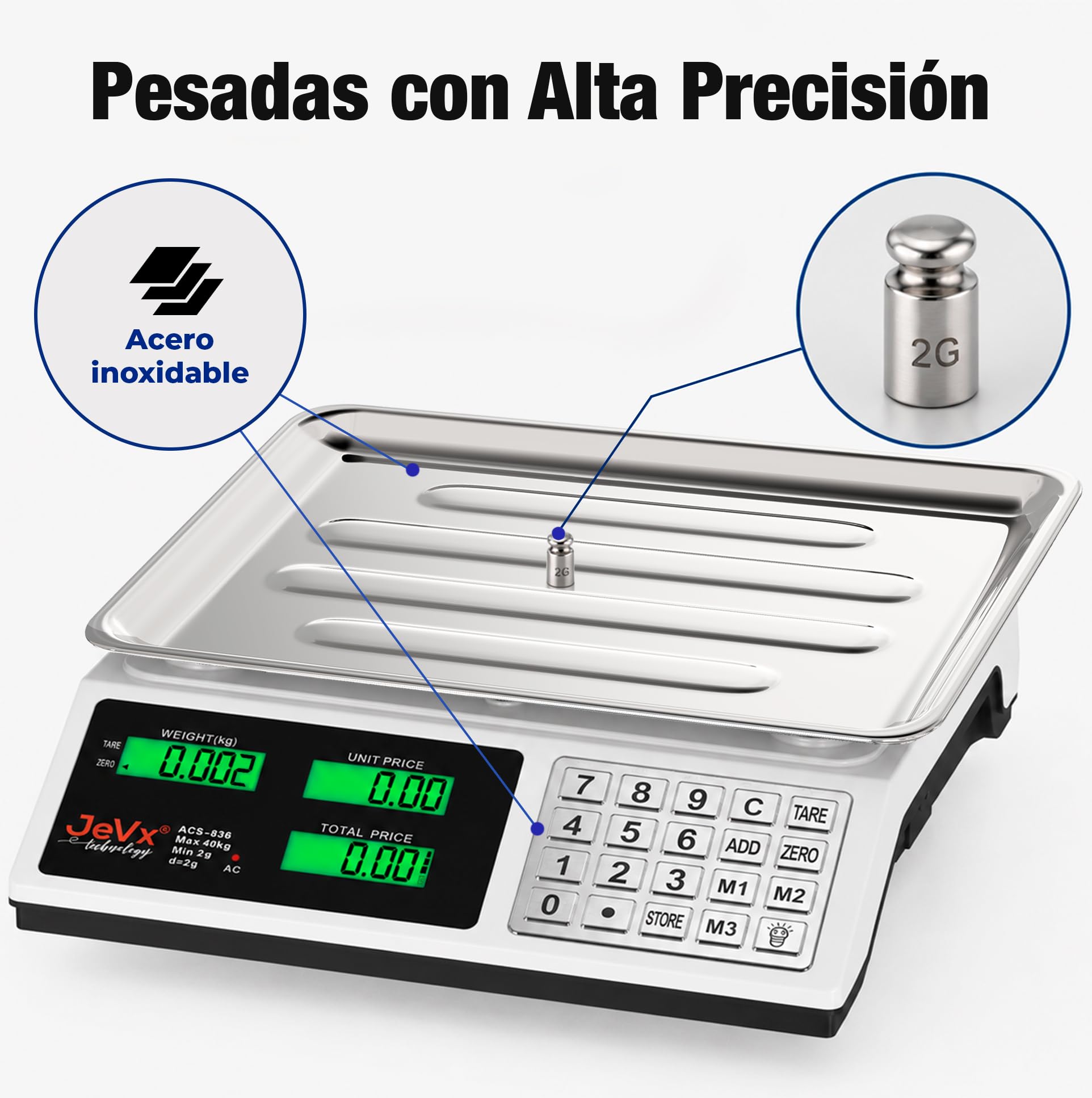 JEVX Bilancia digitale commerciale da 50 kg, bilancia per commercio industriale professionale, con cavo, batteria e batterie, alta precisione da 2 g, pesi digitali commerciali