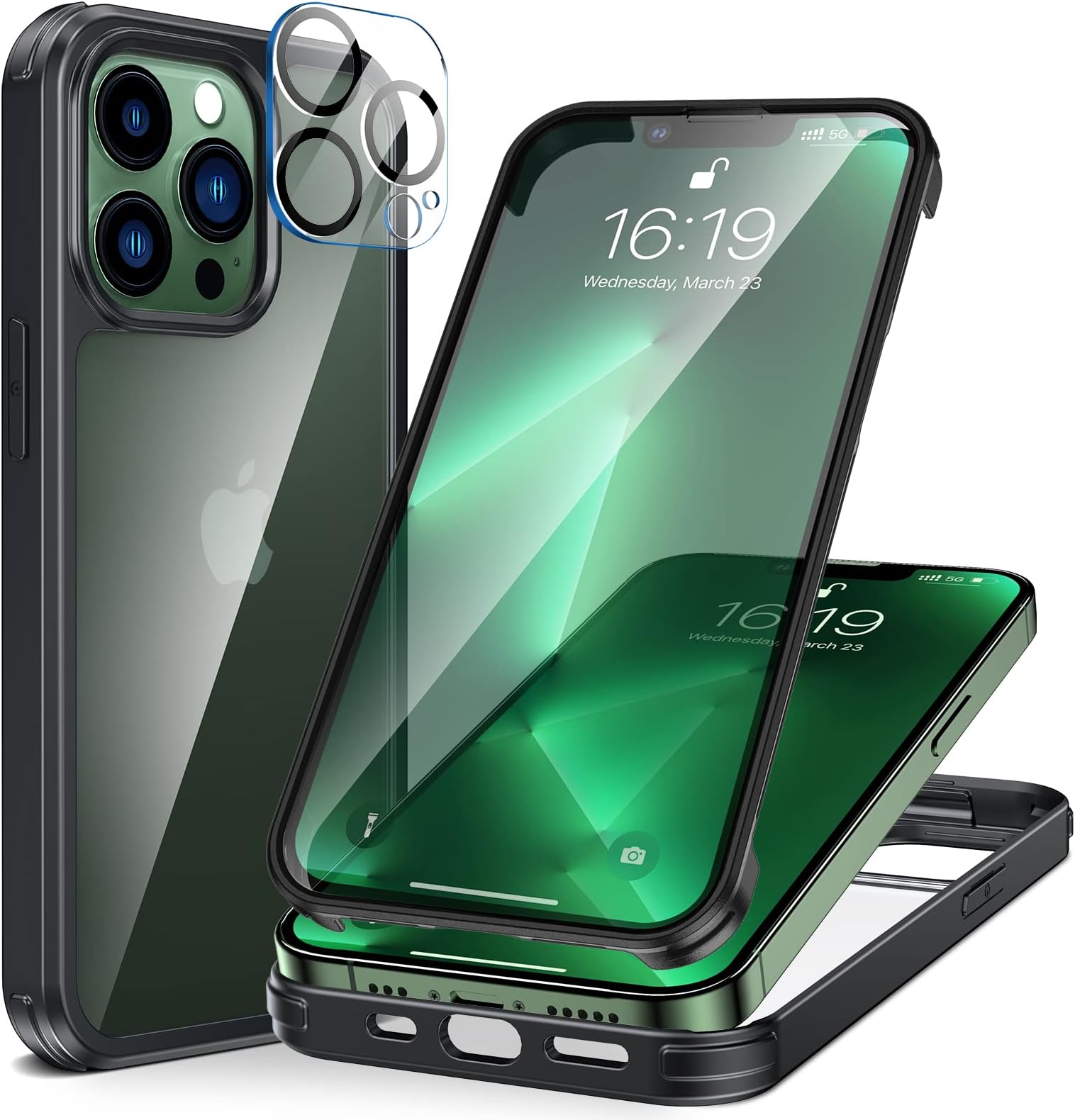 KKM for iPhone 13 Pro Max Case 6.7-inch, Military Grade Bumper Case with Built-in 9H Tempered Glass Screen Protector + Camera Lens Protector, Full Coverage Glass Case for iPhone 13 Pro Max, Black