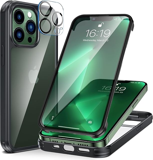 KKM Designed for iPhone 13 Pro 6.1-inch, Tempered Glass Case with Built-in Screen Protector and Shockproof Bumper for iPhone 13 Pro Case, Full Body Phone Cover Compatible with Magnetic Charger, Black