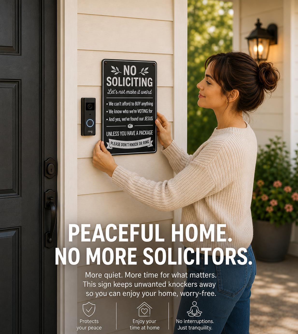 Funny No Soliciting Sign for House, Flat Printed Aluminum Metal Sign for Front Door, Funny No Soliciting Sign, Weather Resistant No Solicitors Sign for Home Entryway, Porch, Gate, Office Decor, 8.3 x 11 Inch