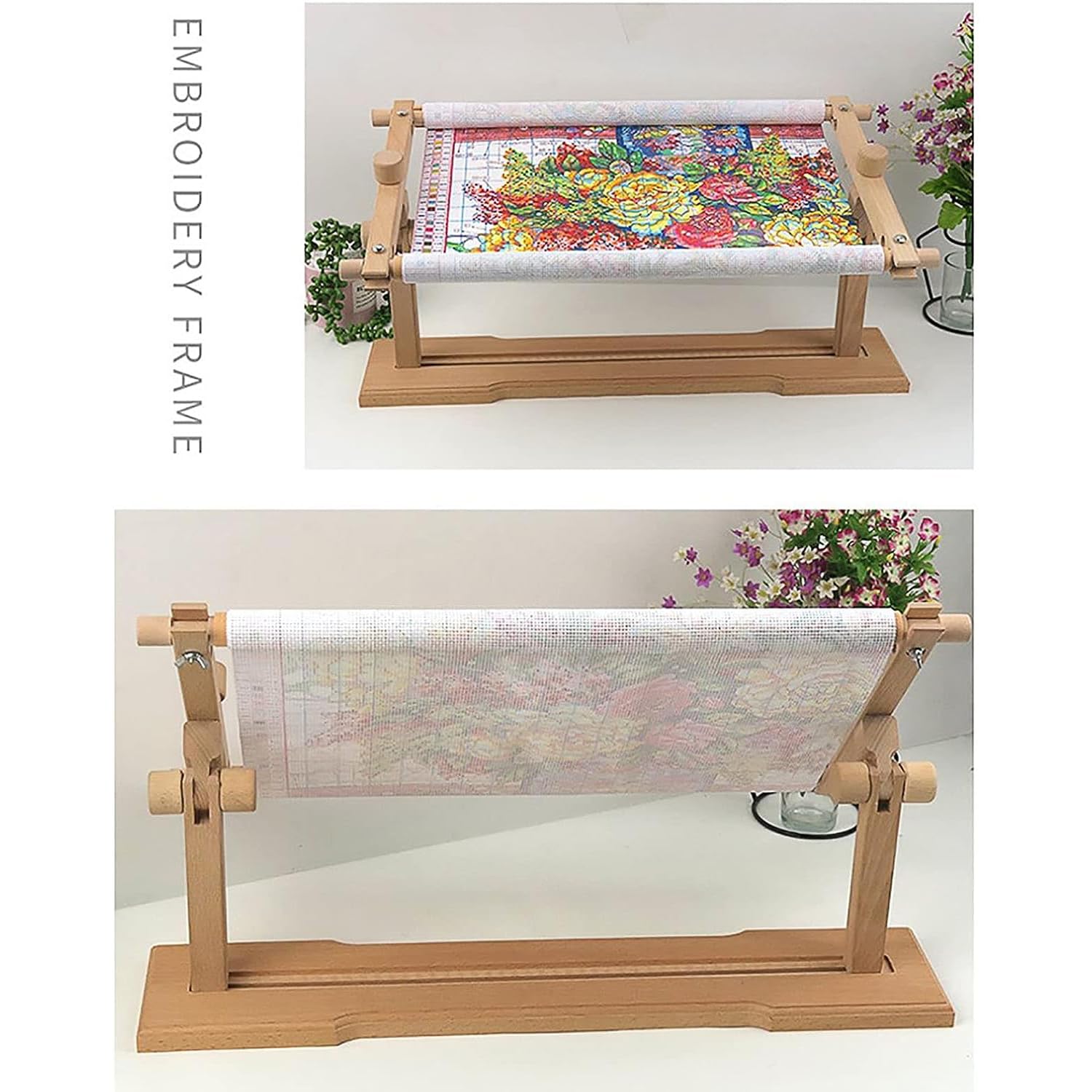 Supporto per ricamo in legno, supporto per telaio da ricamo regolabile, strumento di supporto ricamato per rotazione in legno di faggio naturale, per progetti di ricamo di artigianato artistico e cu