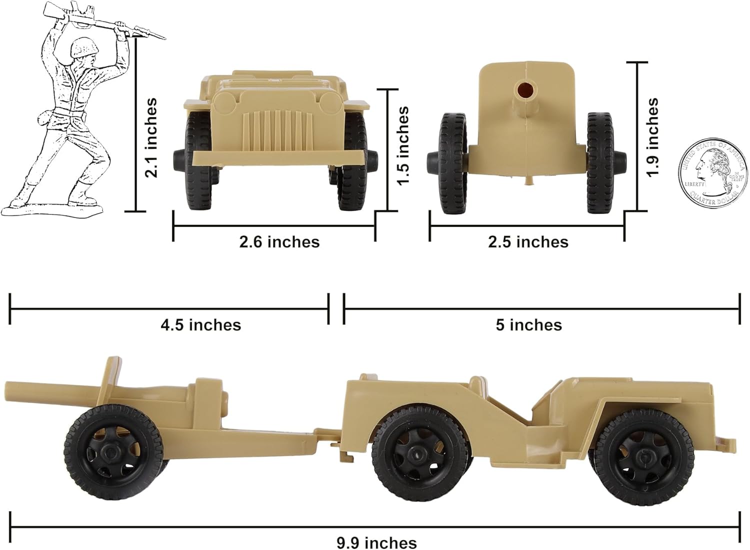 TimMee Combat Patrol Willys & Artillery - Tan 4pc Playset USA Made