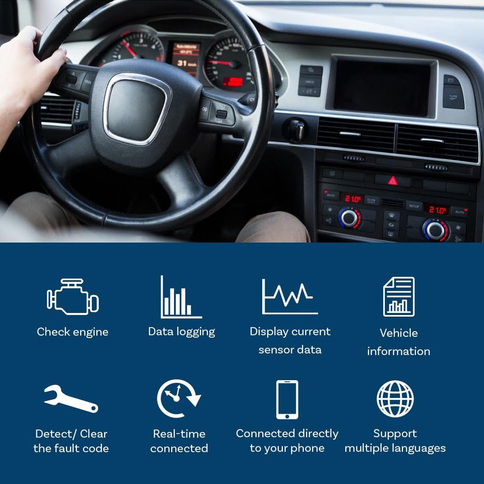 MMOBIEL Bezprzewodowy skaner OBD2 Bluetooth - kompatybilny z iPhone, iOS, iPad i Android - Czytnik Kodów OBD2 - Skaner Diagnostyczny - Sprawdź kody Silnika z Funkcjami Mini V2.1