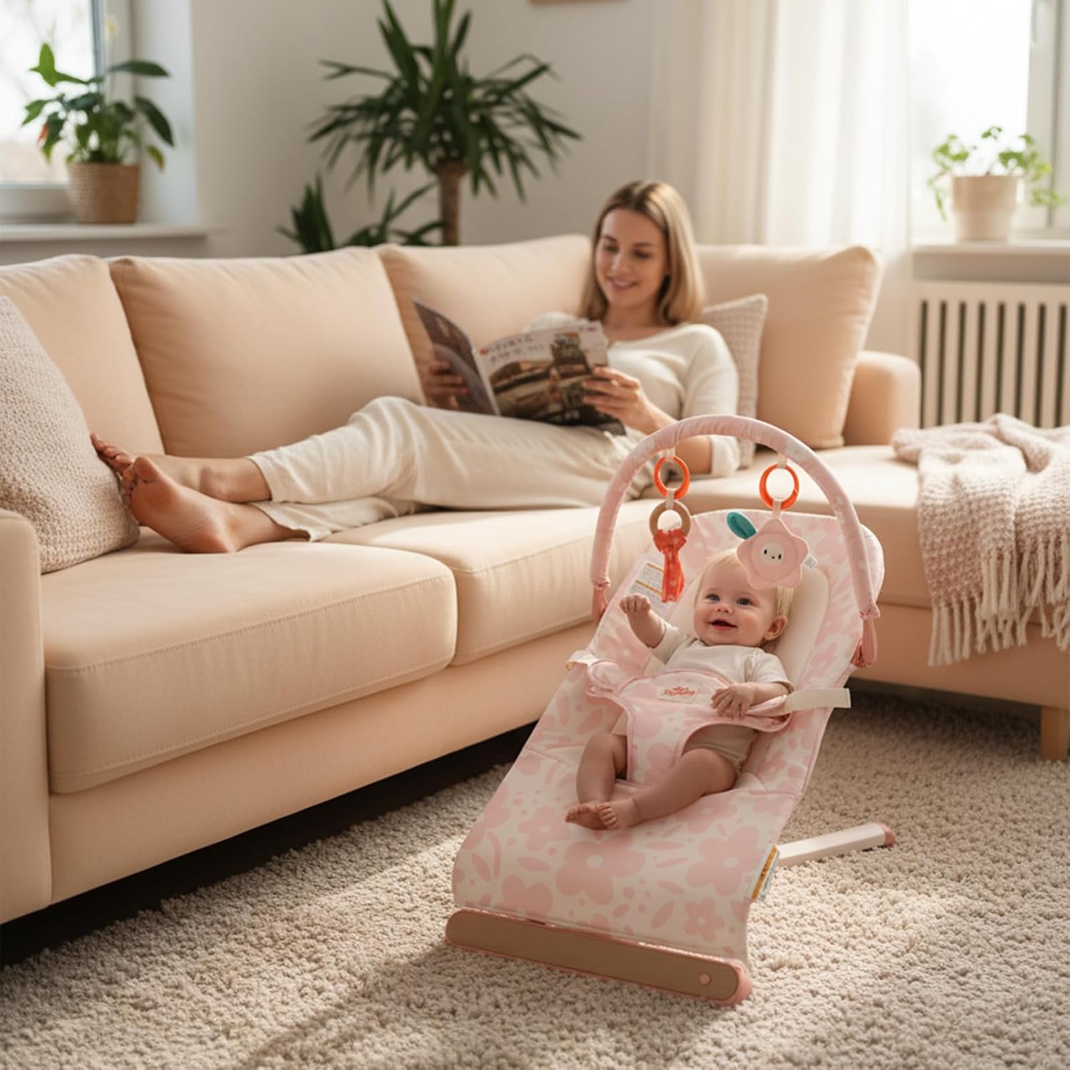 Tiny Marvels Baby Bouncer Seat 0–12 Months, Ergonomic Portable Design with 3-Point Harness, Soothing Music & Removable Toy Bar, Foldable Baby Seat for Newborns & Toddlers Under 20 lbs