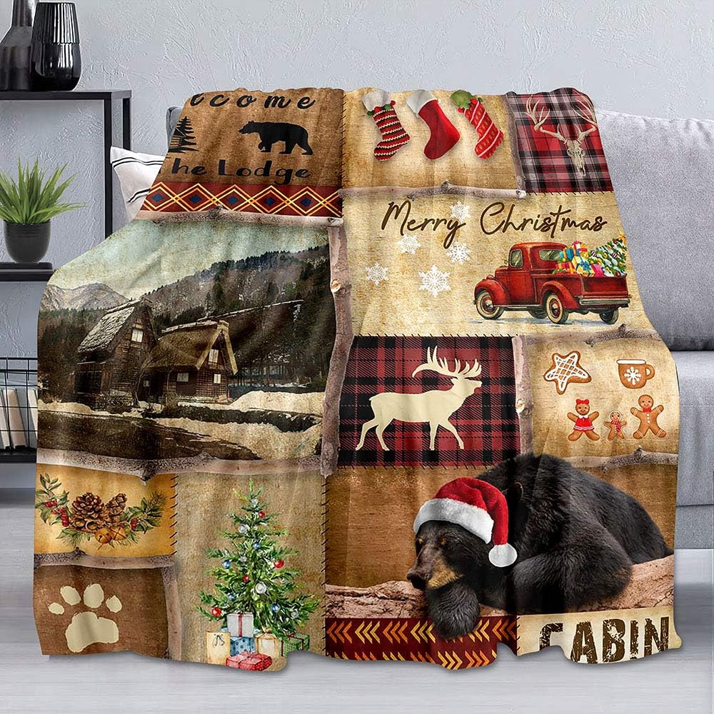 LUVIVIHOME Christmas Throw Blanket, Twin Blanket, Deer Black Bear Blanket, Red Plaid Truck Cabin Lodge Farmhouse Hunting Blanket, Warm Fuzzy Soft Flannel Fleece Blanket for Bed, Couch, Sofa, 60"x80"