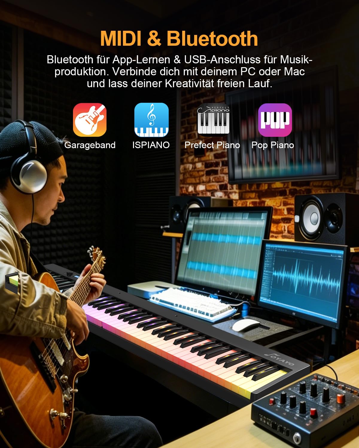 Pianoforte digitale pieghevole, 88 tasti, tastiera semiponderata con tasti luminosi colorati, Bluetooth MIDI E, tastiera portatile per principianti, adulti e bambini