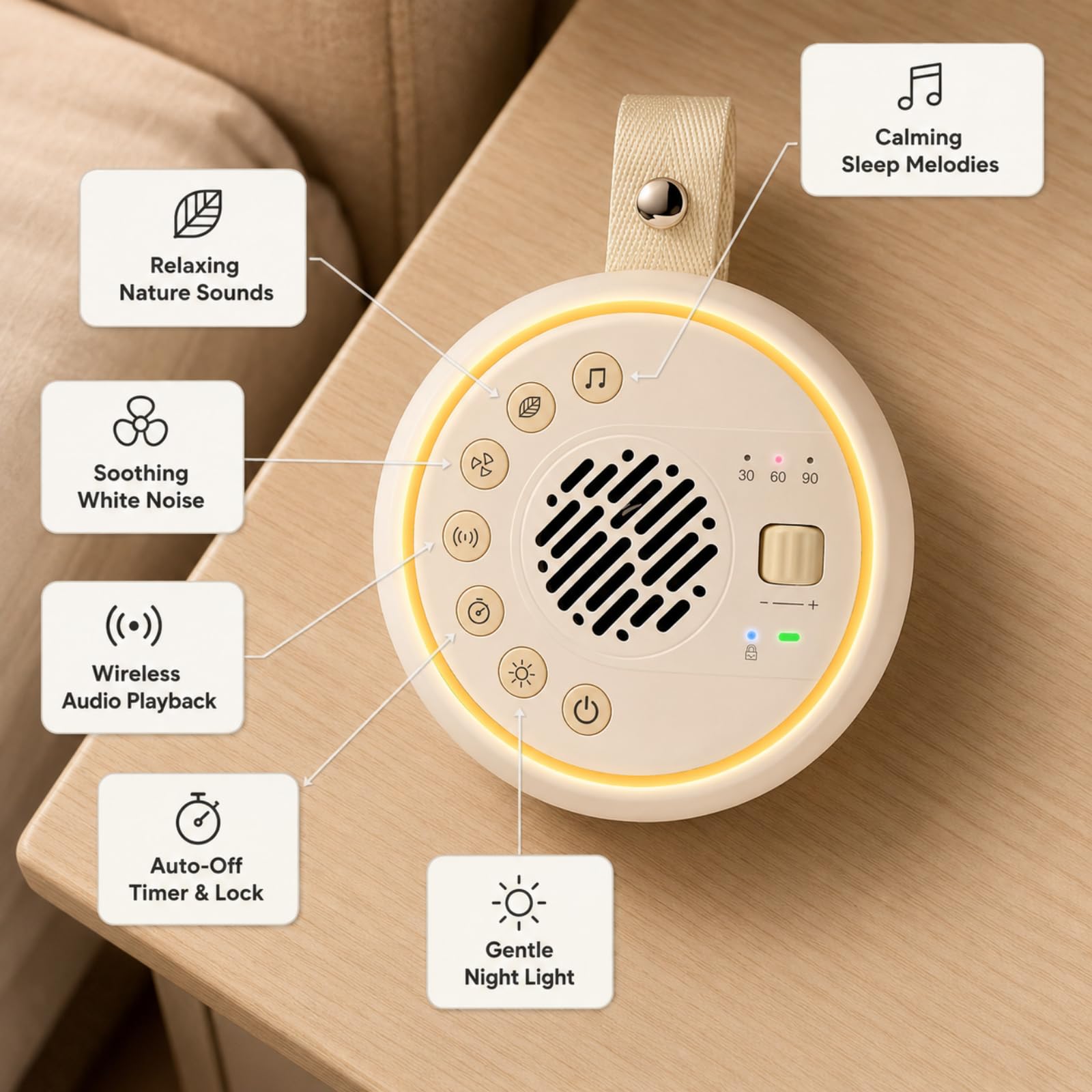 White Noise Machine, Tragbare Soundmaschine mit TWS Stereo Pairing, 22 Hi-Fi Beruhigende Sounds für schlafende Erwachsene & Familie, 10H Akkulaufzeit, Reiserauschmaschine mit Sicherheitsschloss