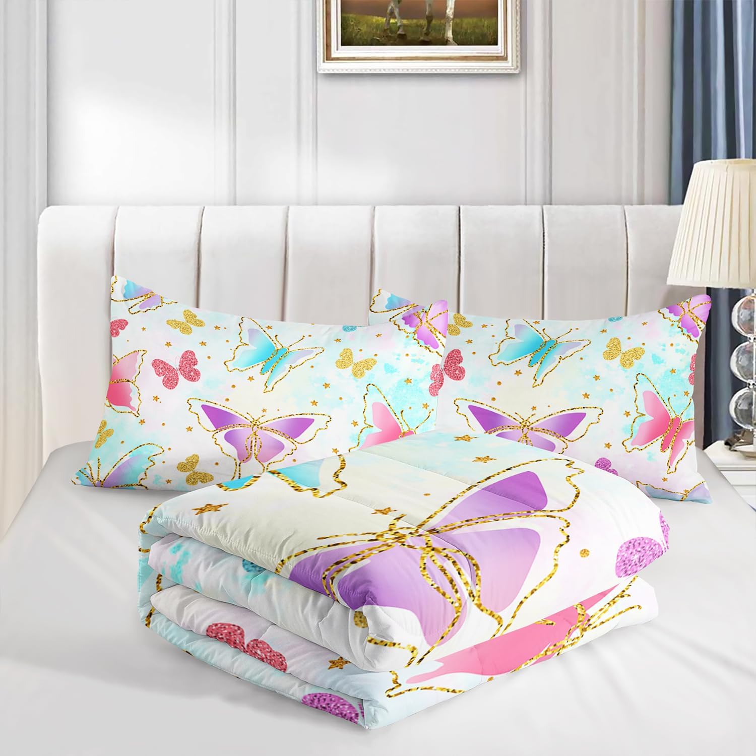 Colorful Butterfly Comforter 3Pcs Queen Tie Dye Sparkling Butterfly Animal Bedding Set for Kid Teen Girl Boy Adult Bed Decor Golden Star Butterfly Quilt with 1 Comforter and 2 Pillowcases