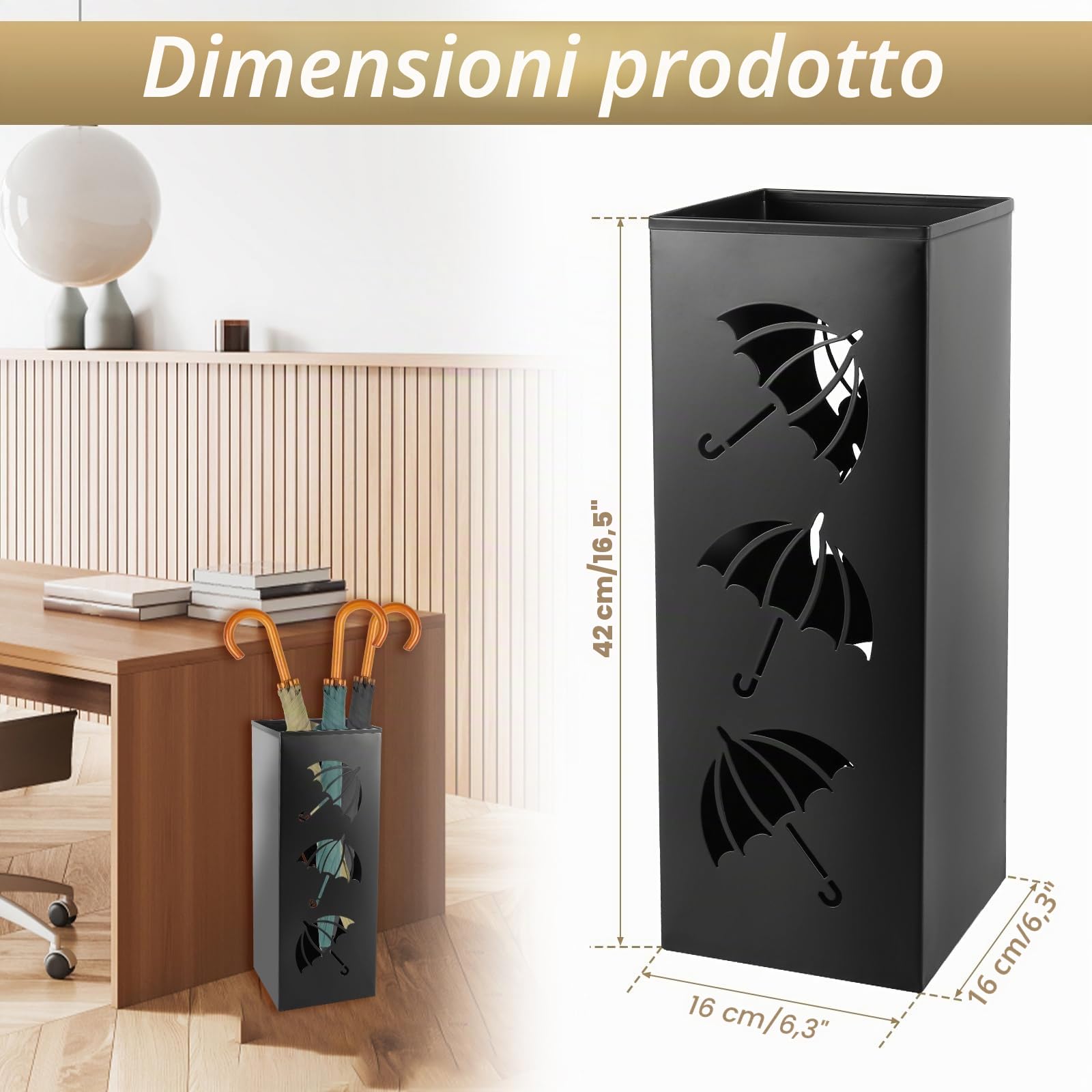 Portaombrelli Design Moderno Portaombrelli in Metallo Impermeabile e Antiruggine Porta Ombrelli per Esterno/Interno Design per Casa Ufficio Corridoio Ingresso 42x16x16 cm(Nero)