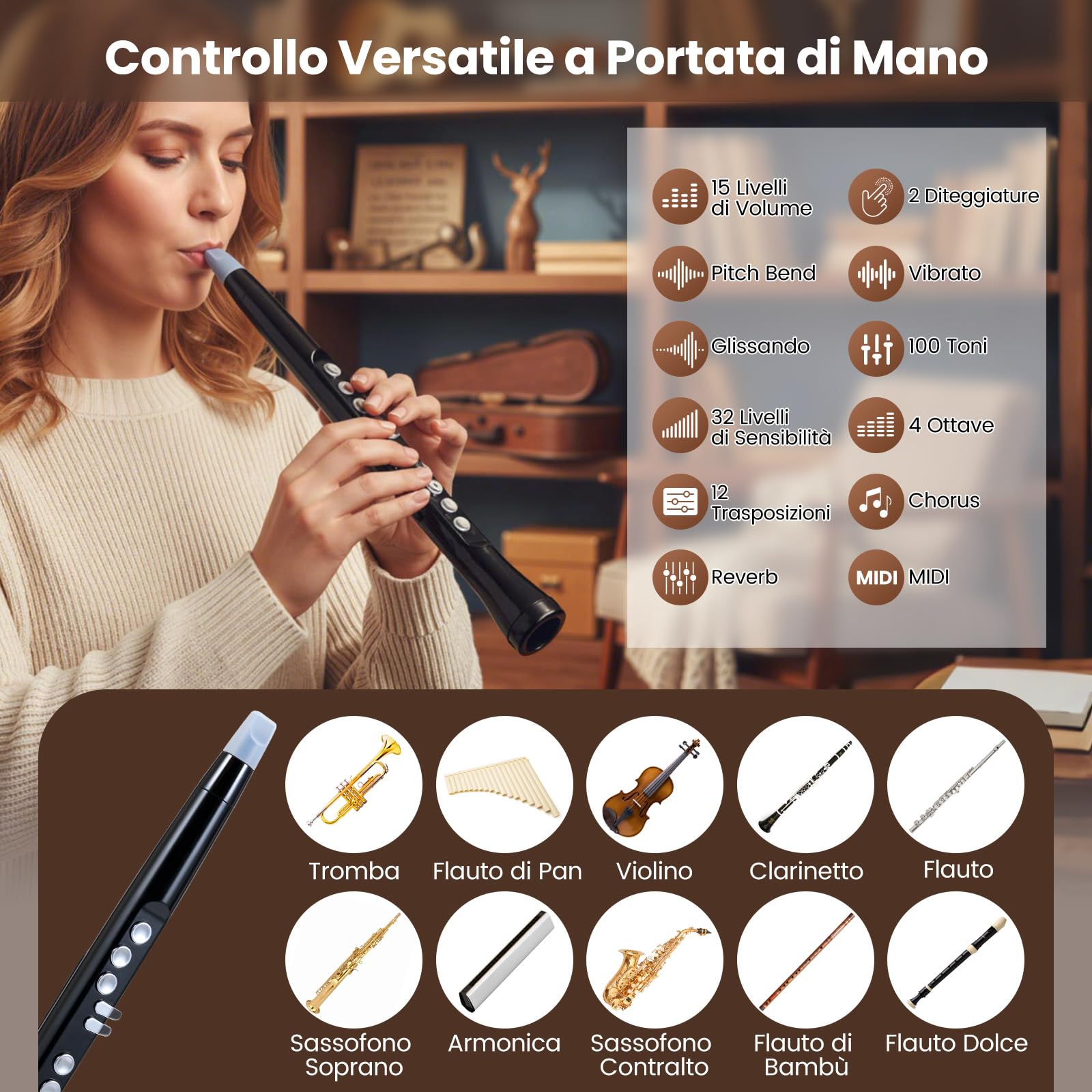 COSTWAY Strumento a Fiato Elettronico, Sassofono Digitale Portatile con MIDI Wireless,LCD HD, 100 Toni, Altoparlante HIFI, Gamma di 4 Ottave e 2 Diteggiature, per Principianti e Adulti
