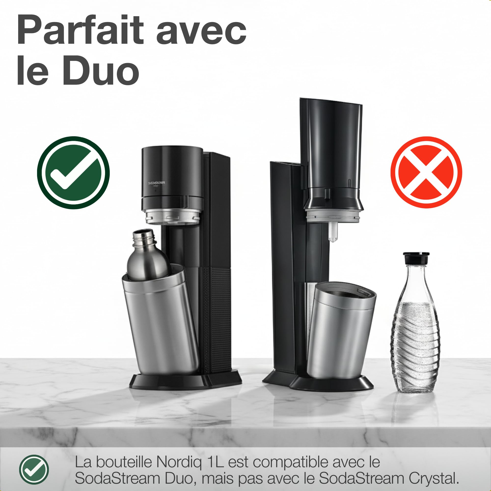 Bouteille Inox 1L | Compatible avec Aarke Carbonator 3, SodaStream Duo & Bouteilles Plastique | Pas pour Crystal & Jet | Sans date d'expiration | Sans plastique | 2x Inox