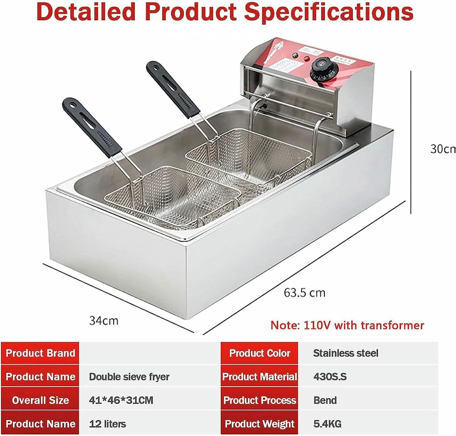 Commercial Fat Fryer Basket 3000W Electric Deep Fat Fryer, 12L Double Fryer with Lids and 2 Oil Basketes, 60-250°C Adjustable Temperature, Easy Clean Removable Basket~/