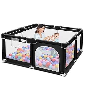 Baby Playpen with Ball – Portable Play Yard with Breathable Mesh Panels | Toddler Safety Fence for Indoor & Outdoor Use for Babies, Boys & Girls (Black)