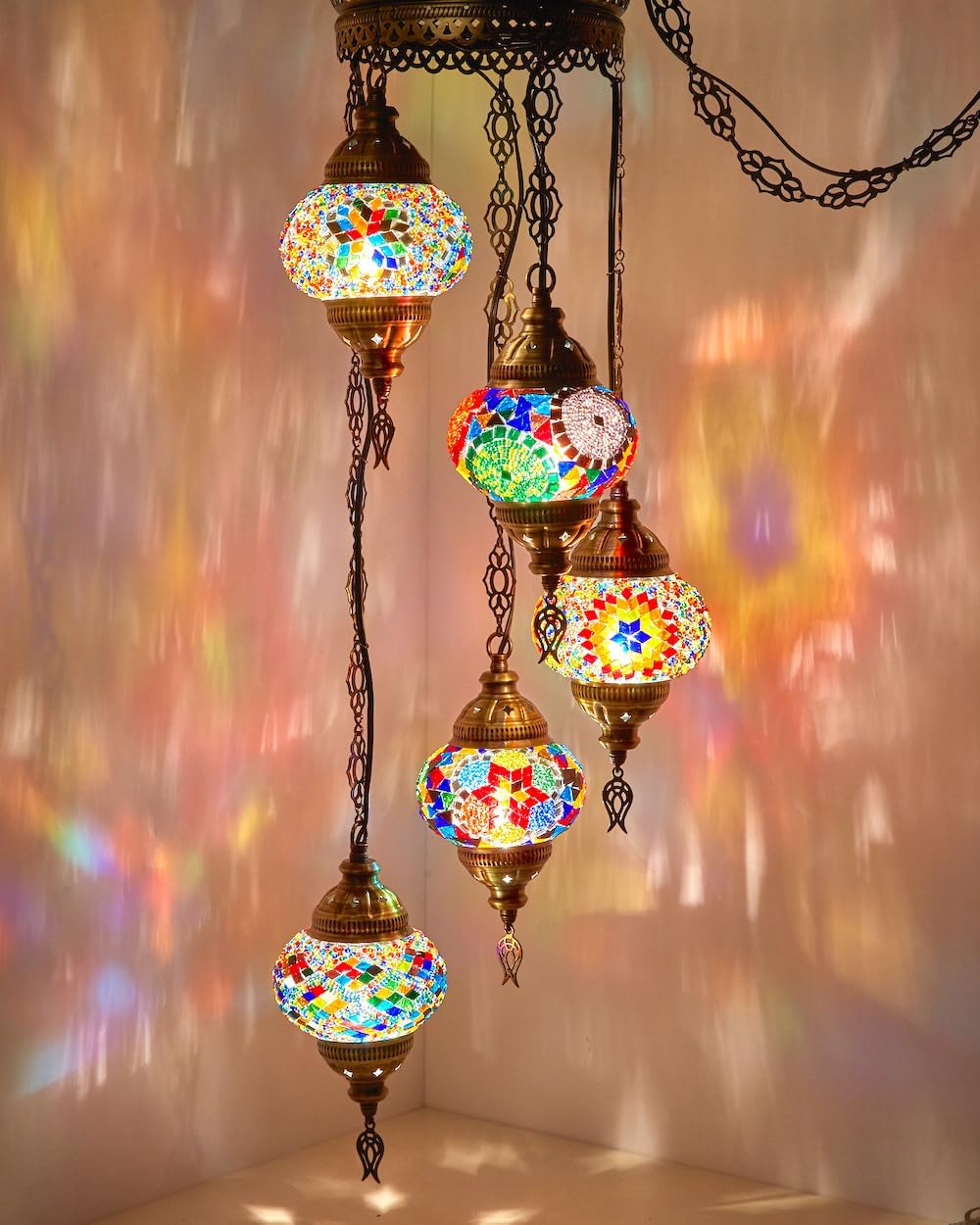 DEMMEX PLUGIN Turkish Moroccan Mosaic Chandelier Light, Ceiling Hanging Lamp Pendant Light Fixture with 15ft 4.5mt Cord Chain and Plug, Handmade, Customizable (5 Globes PLUGIN, 42"- 105cm Height)