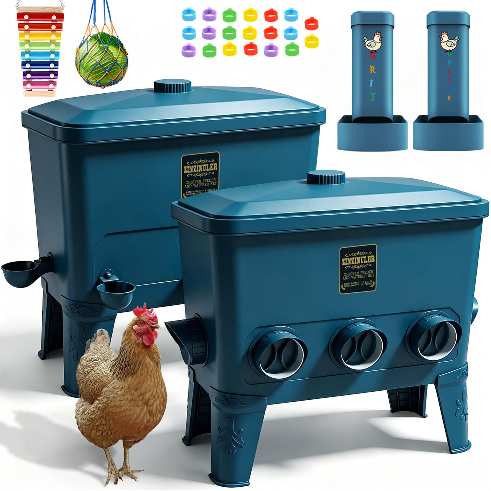 ZINZINULER Juego de comedero automático grande para pollos y bebedero de tazas, accesorios para gallineros, comedero para aves de corral sin residuos, 9 galones/50 libras (cian)