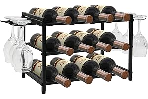 Sturdy 3-Tier Metal Wine Rack with Glass Holder