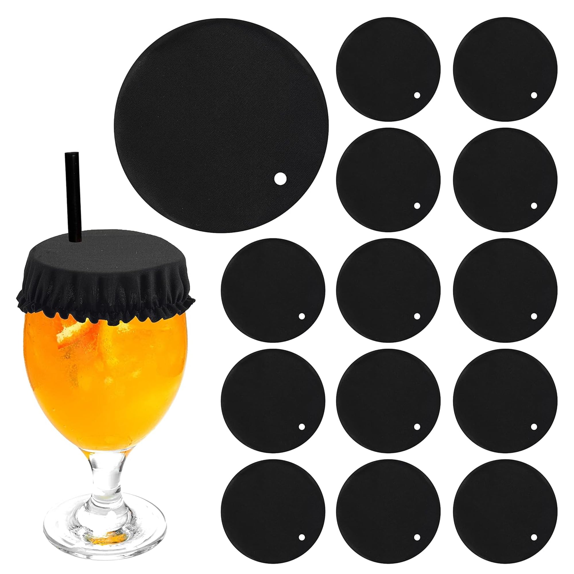 15-Pack Drink Cover Scrunchie, Reusable Elastic Cup Cover with Straw Hole for Outdoor Dining, Travel & Parties, Washable Fabric Drink Protector for Cups & Glasses - Black