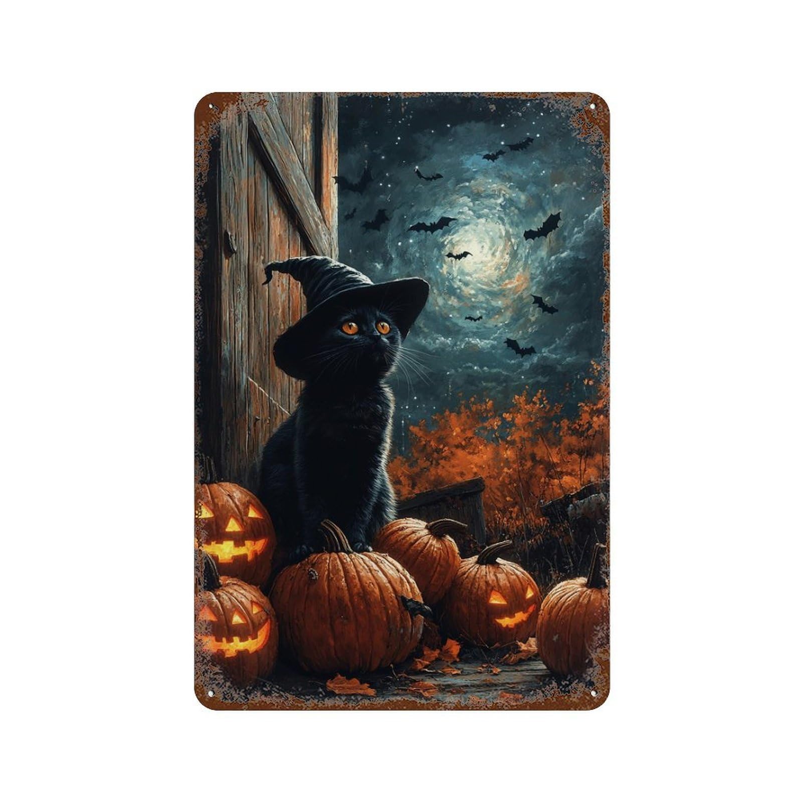 Rust Effect Halloween Black Cat with Pumpkins-7 Aged Metal Wall Plaque 11.8"x7.9", Shabby Chic Decor for Living Room, Hallway And Home Decor