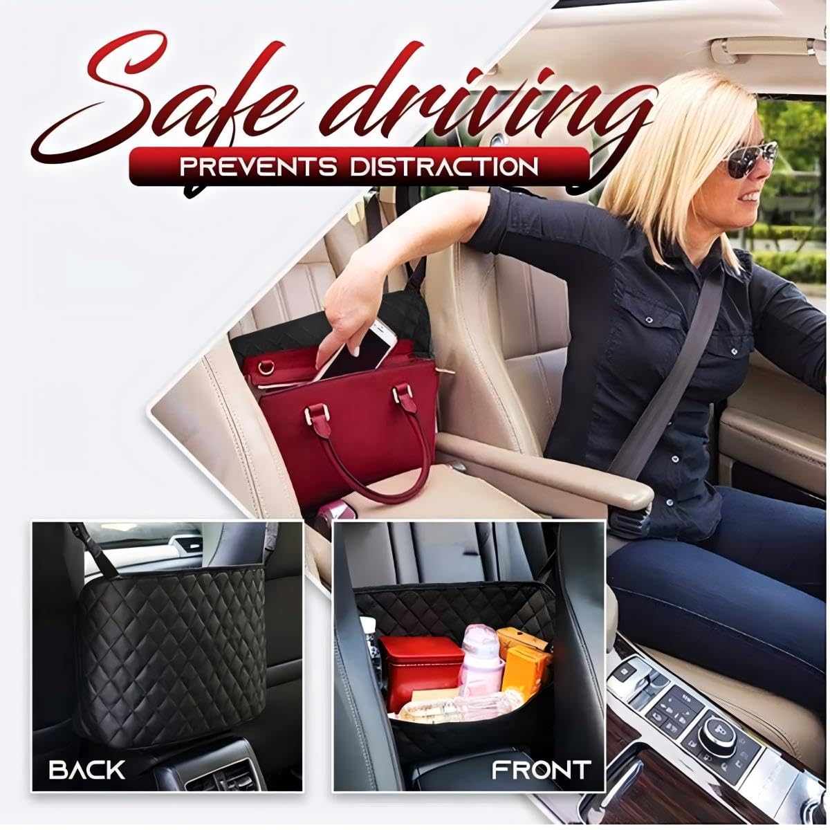 SunlightXS Car Net Pocket Handbag Holder?Purse Holder for Between Seats?Leather Seat Back Organizer Mesh Large Capacity Bag?Handbag Between The Two Seats