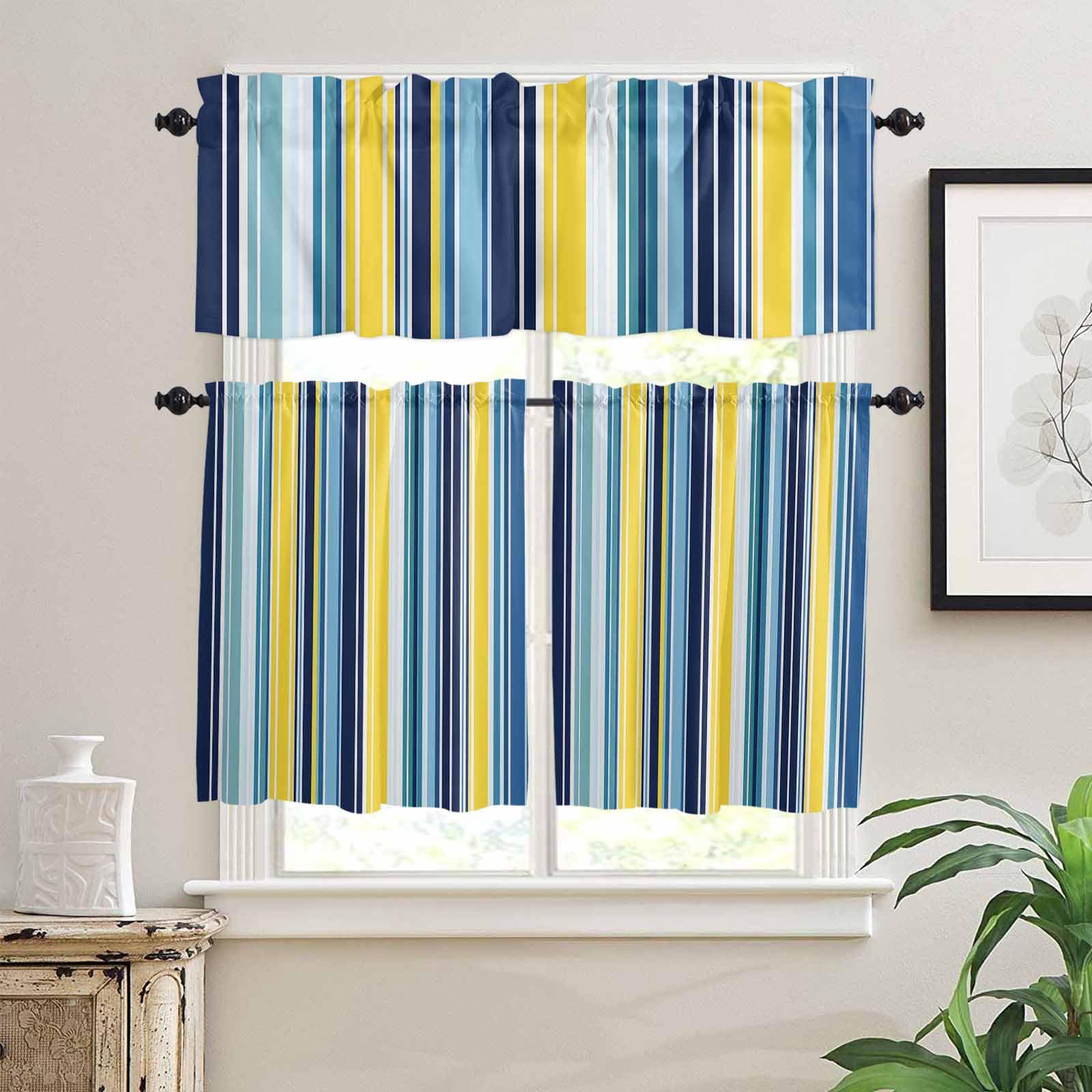 Blue Yellow Teal Stripes Kitchen Curtains 36 Inch Length, 3 Piece Rod Pocket Small Half Tiers and Valance Set, Boho Colorful Ombre Texture Small Large Window Treatment Decor for Bedroom/Bathroom Sink