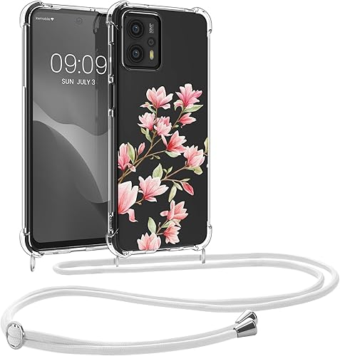 kwmobile Funda cruzada compatible con Motorola Moto G23 y Moto G13 - Magnolias RosaBlancoTransparente