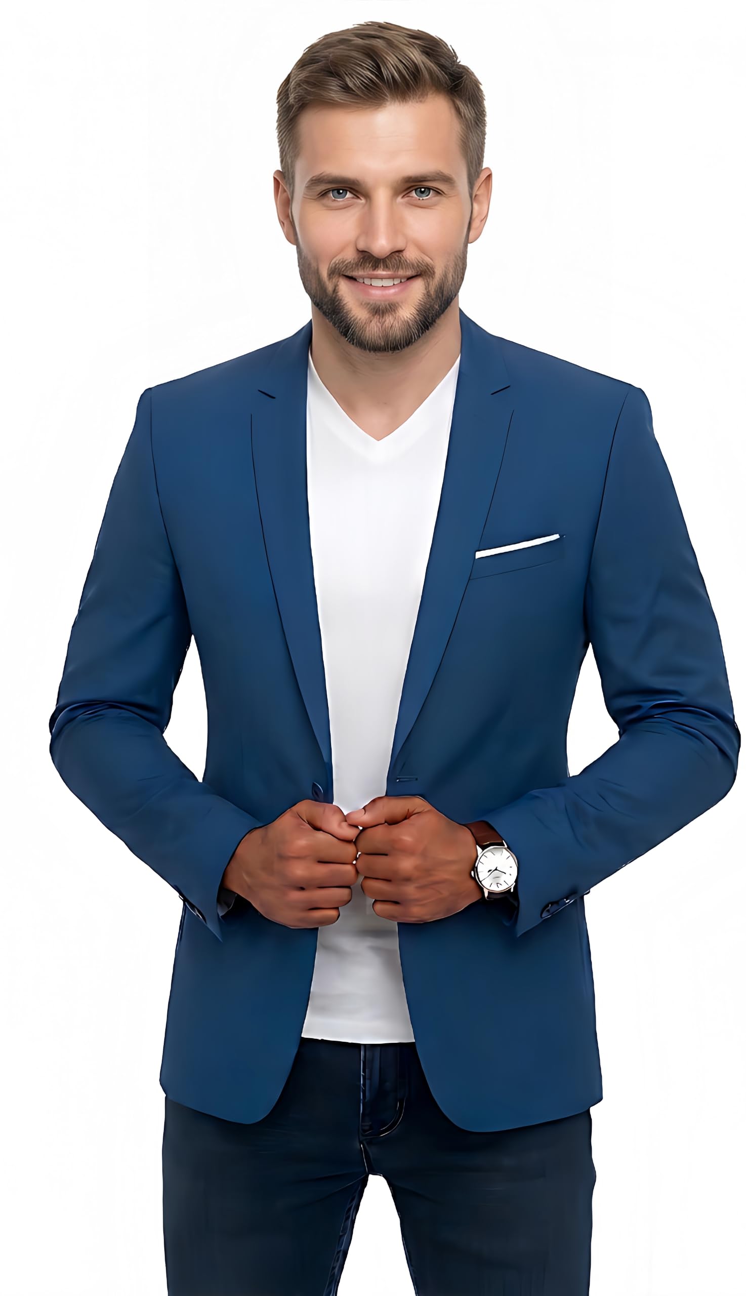 Men's Sky Blue Slim Fit Blazer, Smart Casual Single-Breasted Coat-picture-56