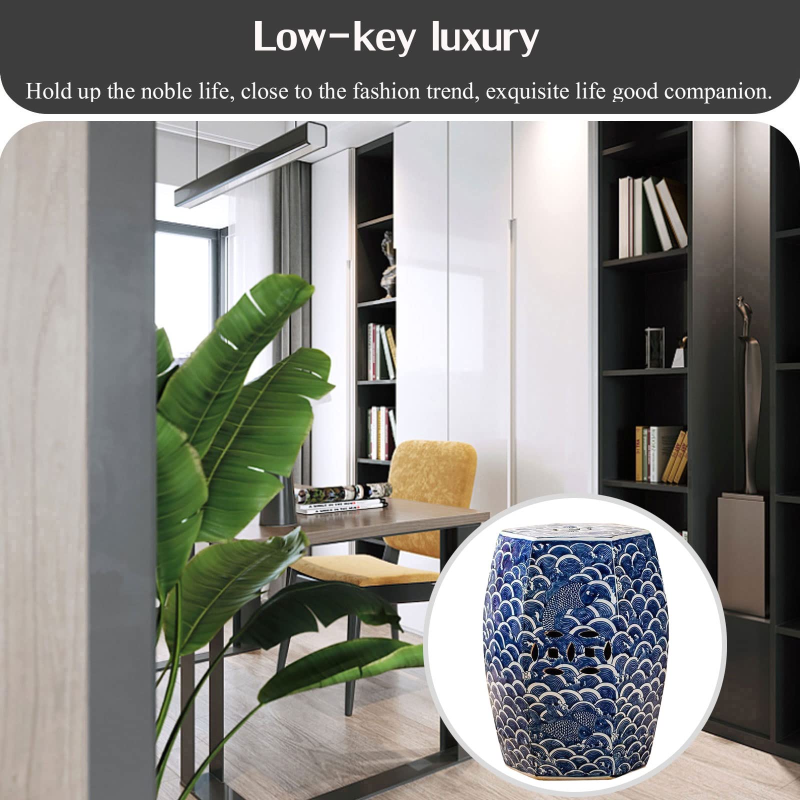 Tabouret de jardin décoratif, tabouret de jardin décoratif en céramique, tabouret tambour en céramique de porcelaine bleu et blanc peint à la main, adapté au salon, à la terrasse, au jardin, etc.