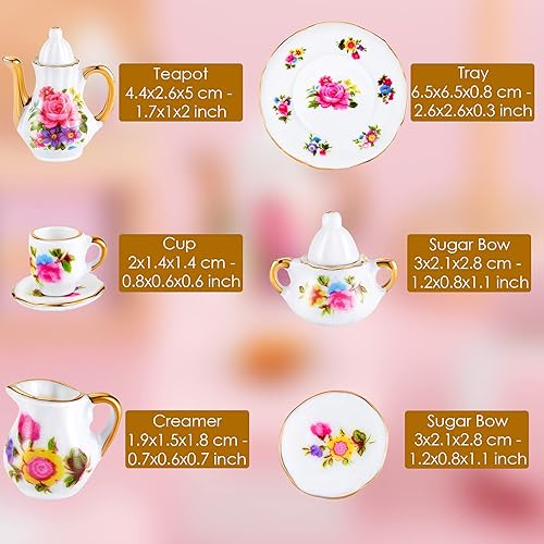 Miniatura 7 de Skylety Juego de tazas de té para casa de muñecas 1:12, accesorios de porcelana en miniatura, 8 piezas de porcelana en miniatura, diseño de flores,