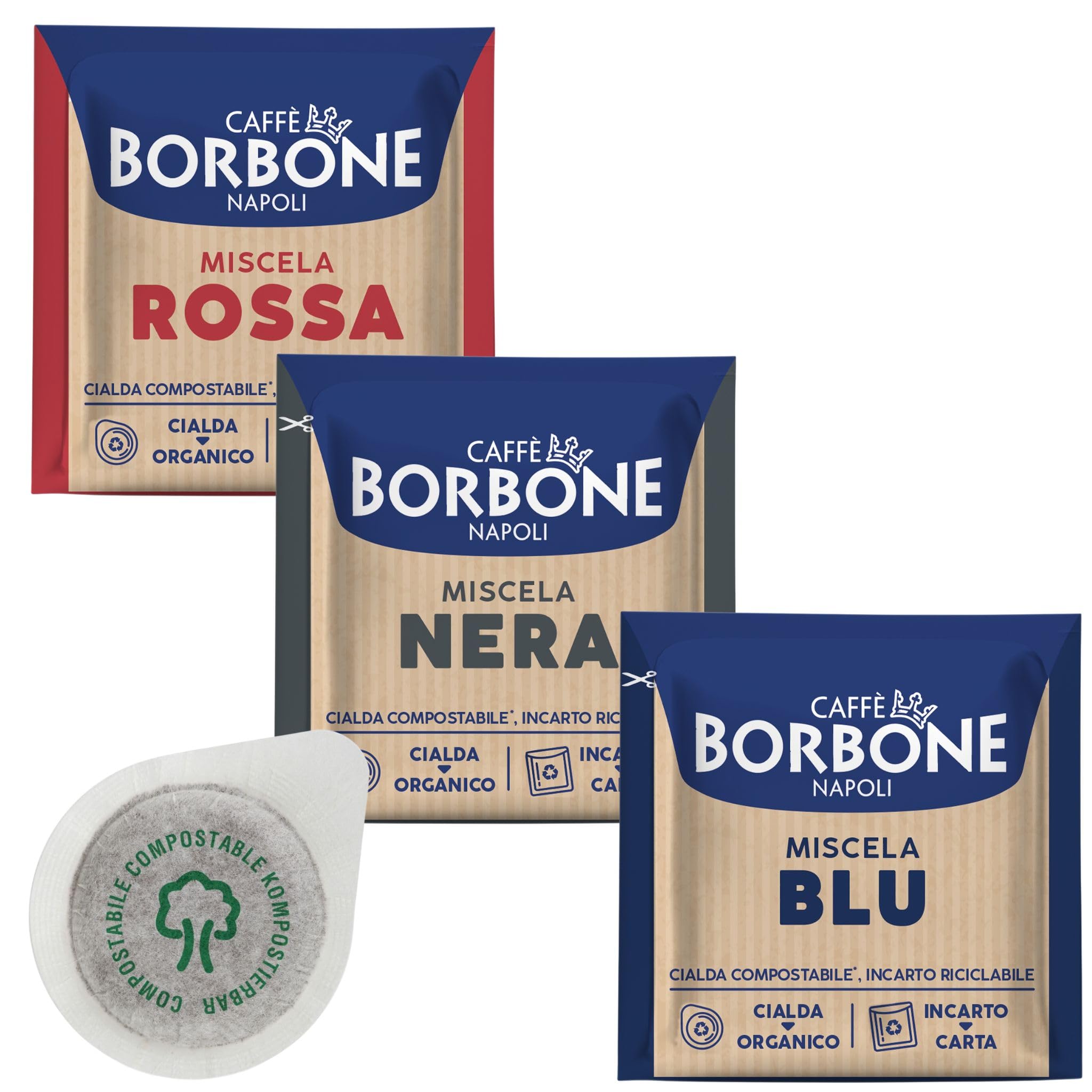 caffè Borbone Top 300 Kaffeepads, 44 mm, 100 schwarz, 100 blau, 100 rot