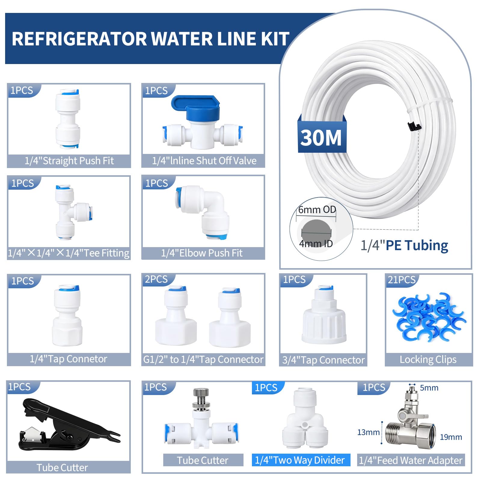 EFUTURETIME 30M Juego de Conexión Universal de 1/4" Tubo para Sistemas de Osmosis Inversa, Manguera de Suministro de Agua con Válvula de Cierre para Frigorífico, Purificadores