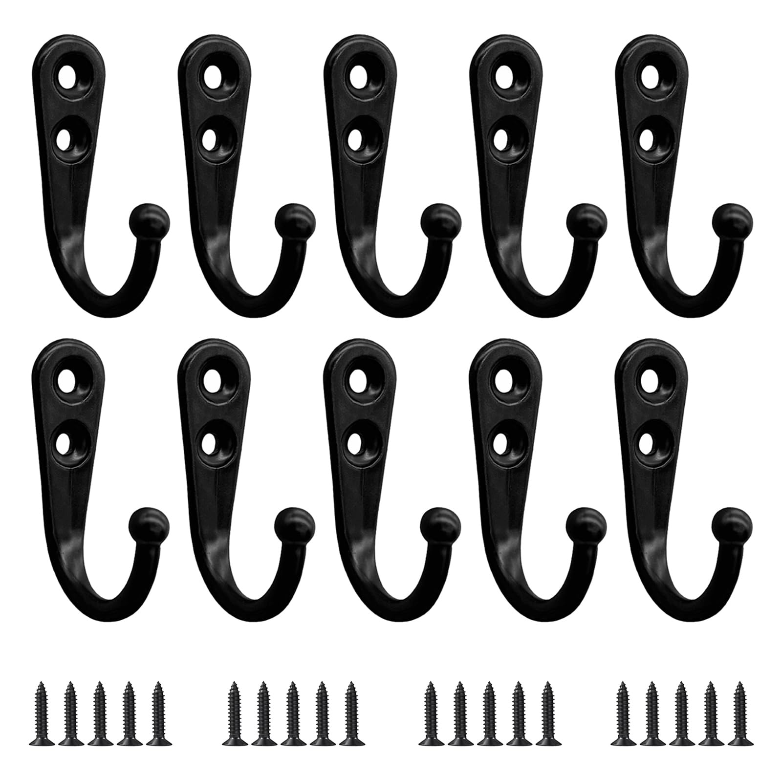 Ldzzuo 10Pcs Black Coat Hooks, Wall Mounted Metal Heavy Duty Hooks with 20 Screws for Bathroom, Kitchen, Bedroom, Door, Hanging Clothes, Bags, Towels, Keys, Hats (Style 2)